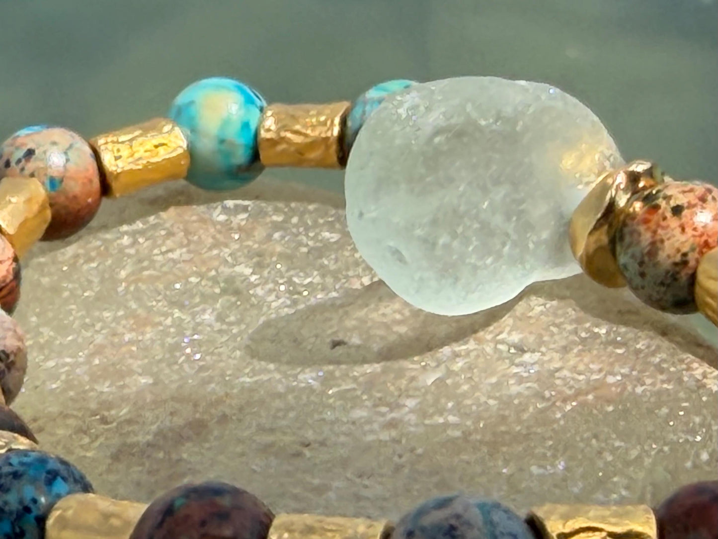 Ocean jasper & sea glass bracelet, handmade gift for him or her. Ethical jewellery, handmade unique jewellery. Unusual gifts for women