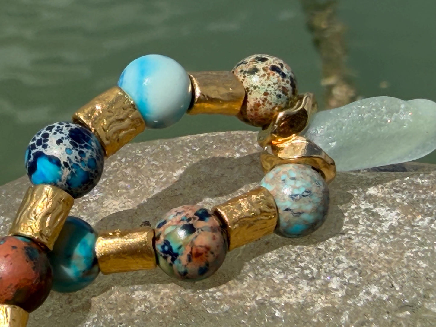 Ocean jasper & sea glass bracelet, handmade gift for him or her. Ethical jewellery, handmade unique jewellery. Unusual gifts for women
