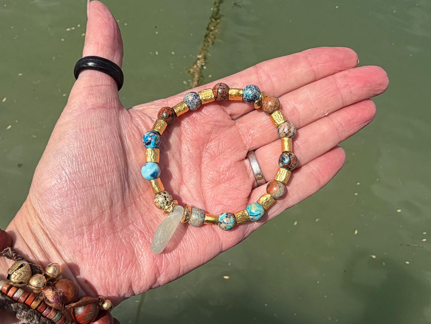 Ocean jasper & sea glass bracelet, handmade gift for him or her. Ethical jewellery, handmade unique jewellery. Unusual gifts for women