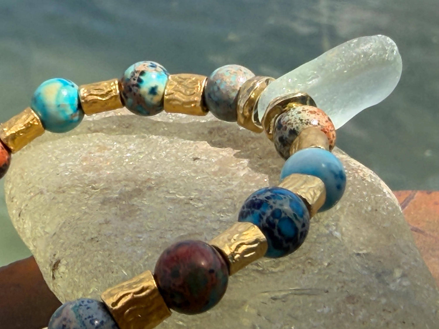 Ocean jasper & sea glass bracelet, handmade gift for him or her. Ethical jewellery, handmade unique jewellery. Unusual gifts for women
