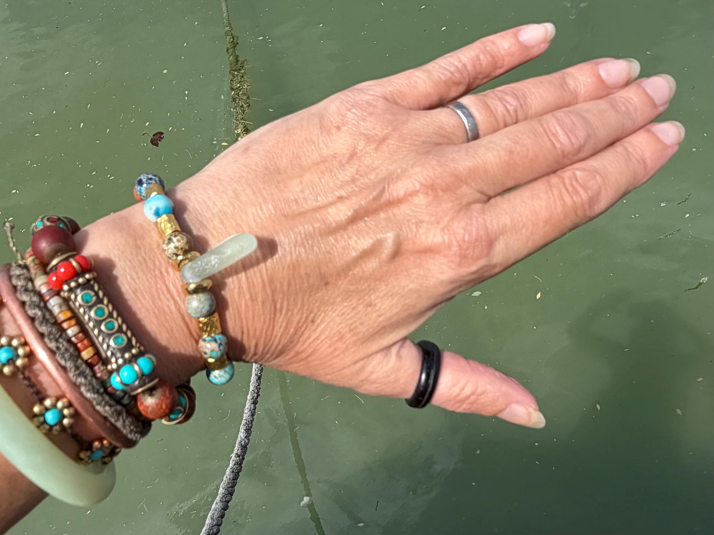 Ocean jasper & sea glass bracelet, handmade gift for him or her. Ethical jewellery, handmade unique jewellery. Unusual gifts for women