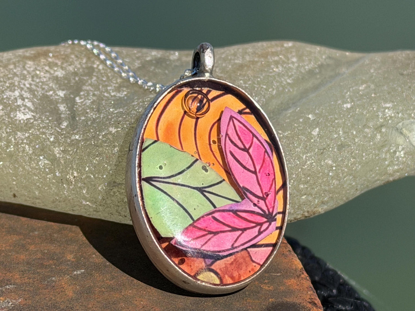 Bright joyful necklaces made with my own photos, drawings & recycled sterling silver. Eco friendly jewellery. Boho colourful pendants.