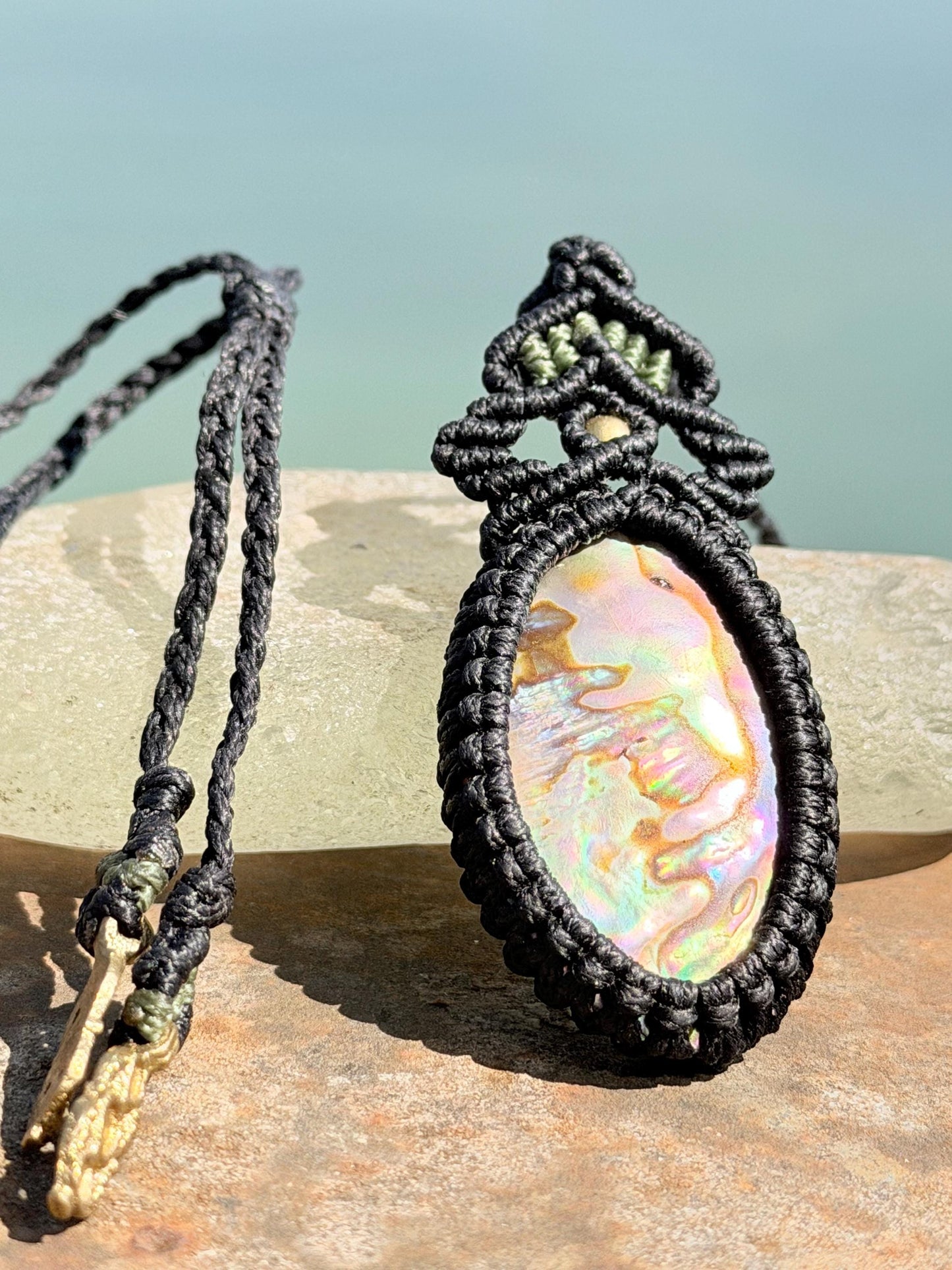 Stunning abalone necklace on an adjustable cord. Handmade gemstone necklace, boho jewellery. Macrame jewellery. Unique necklace.
