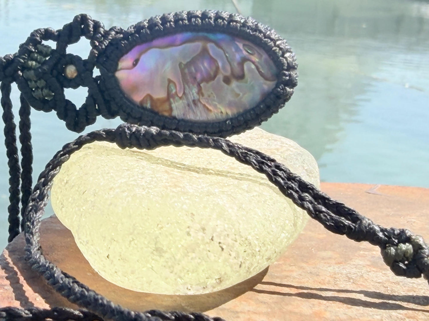 Stunning abalone necklace on an adjustable cord. Handmade gemstone necklace, boho jewellery. Macrame jewellery. Unique necklace.
