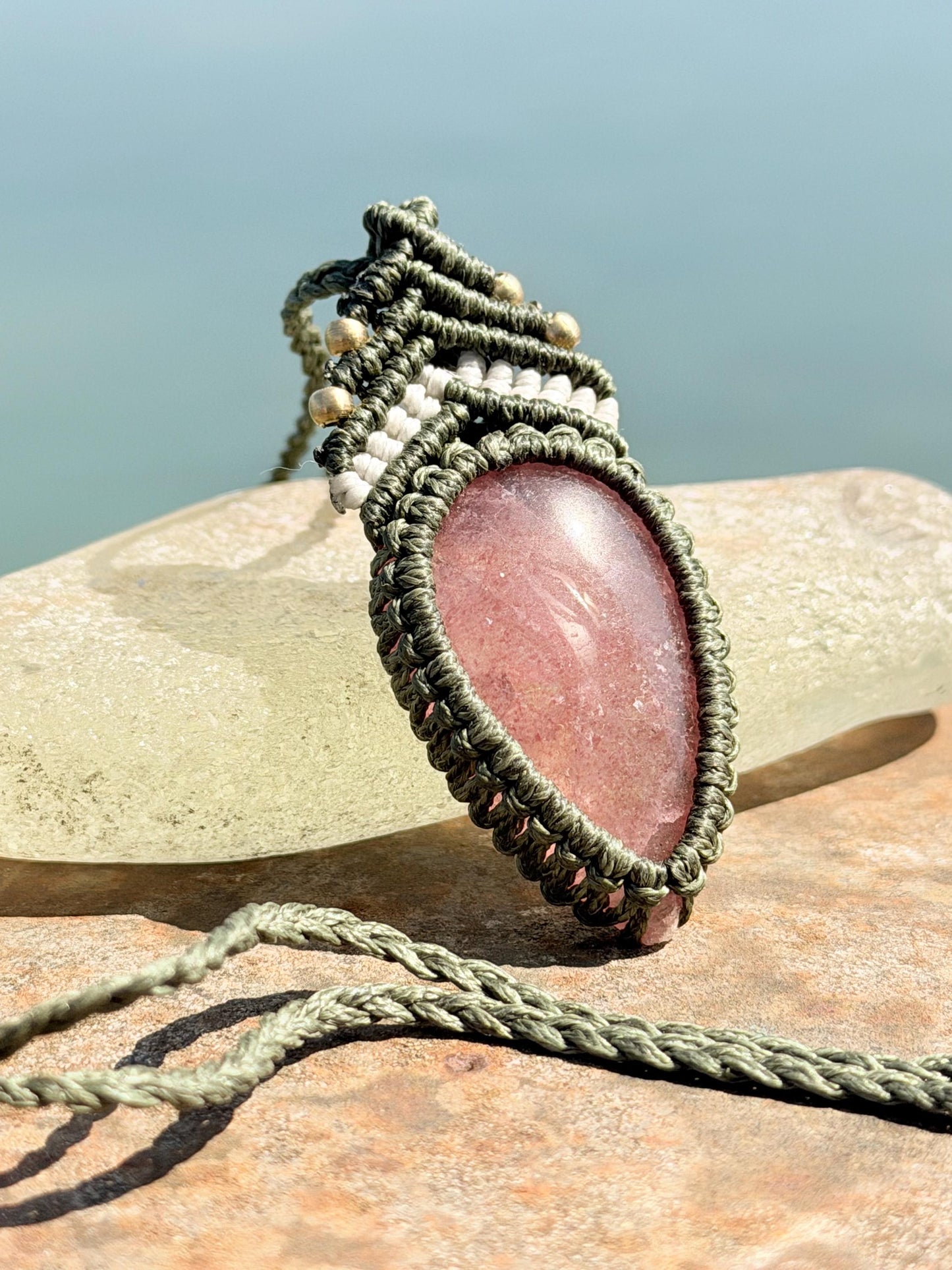 Stunning strawberry quartz necklace on an adjustable cord. Handmade gemstone necklace, boho jewellery. Macrame jewellery. Unique necklace.