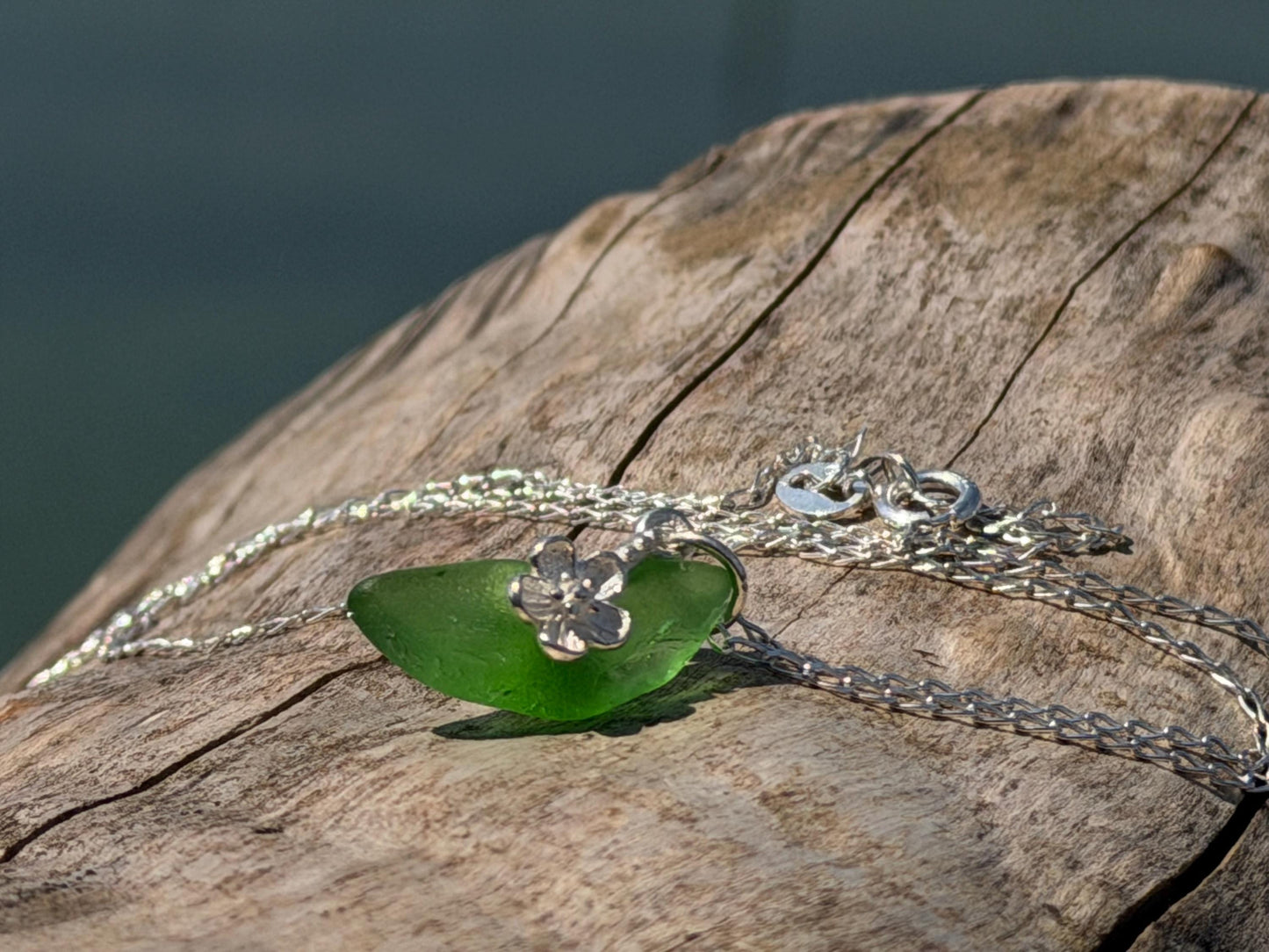 Dainty little sea glass necklace within sterling silver flowers. Recycled necklace. Ethical jewellery. Sea glass pendant. Eco friendly gifts
