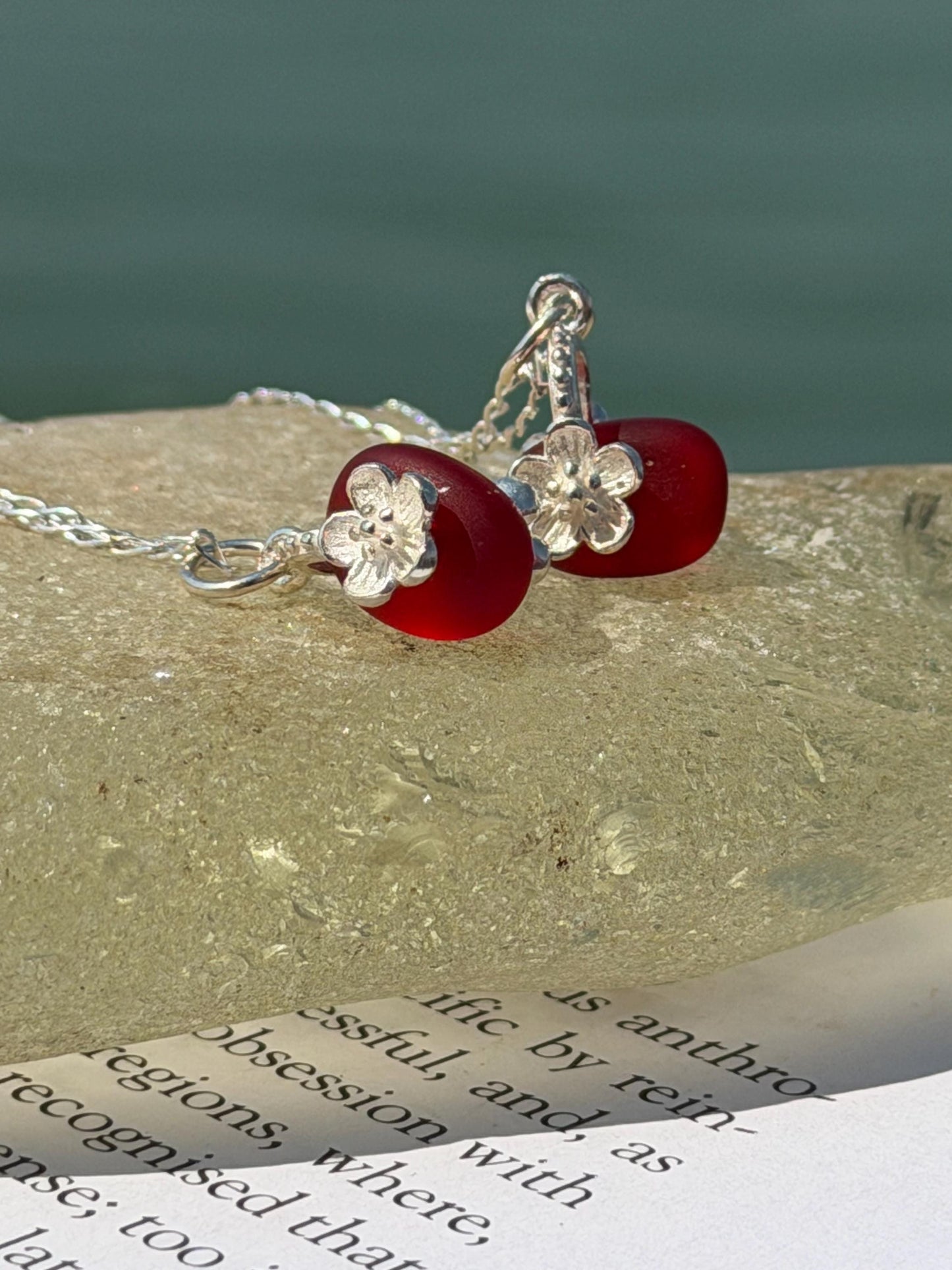 Dainty little sea glass necklace within sterling silver flowers. Recycled necklace. Ethical jewellery. Sea glass pendant. Eco friendly gifts