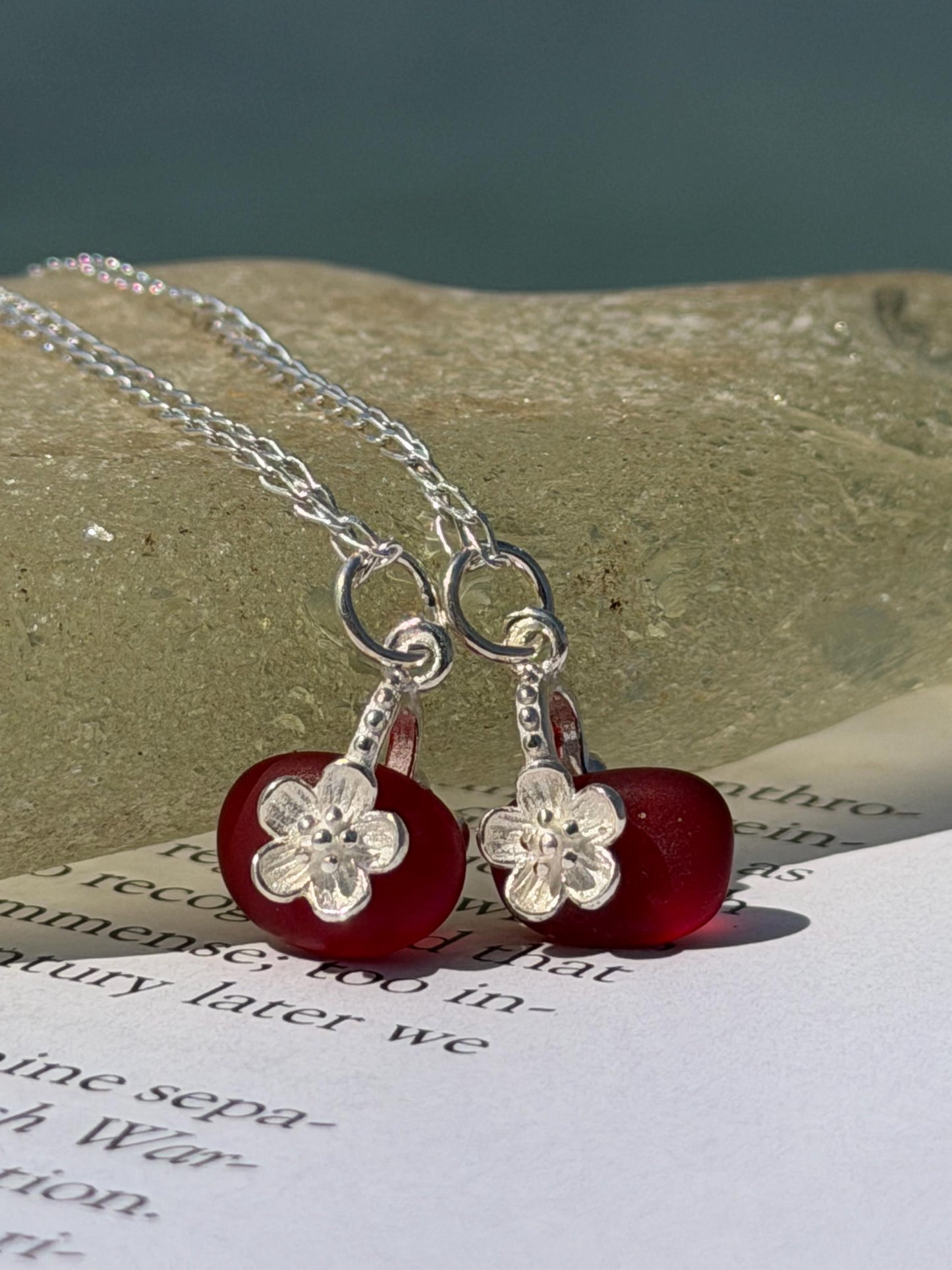 Dainty little sea glass necklace within sterling silver flowers. Recycled necklace. Ethical jewellery. Sea glass pendant. Eco friendly gifts