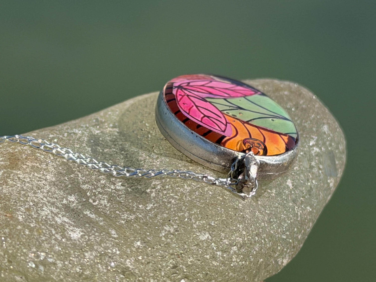 Bright joyful necklaces made with my own photos, drawings & recycled sterling silver. Eco friendly jewellery. Boho colourful pendants.