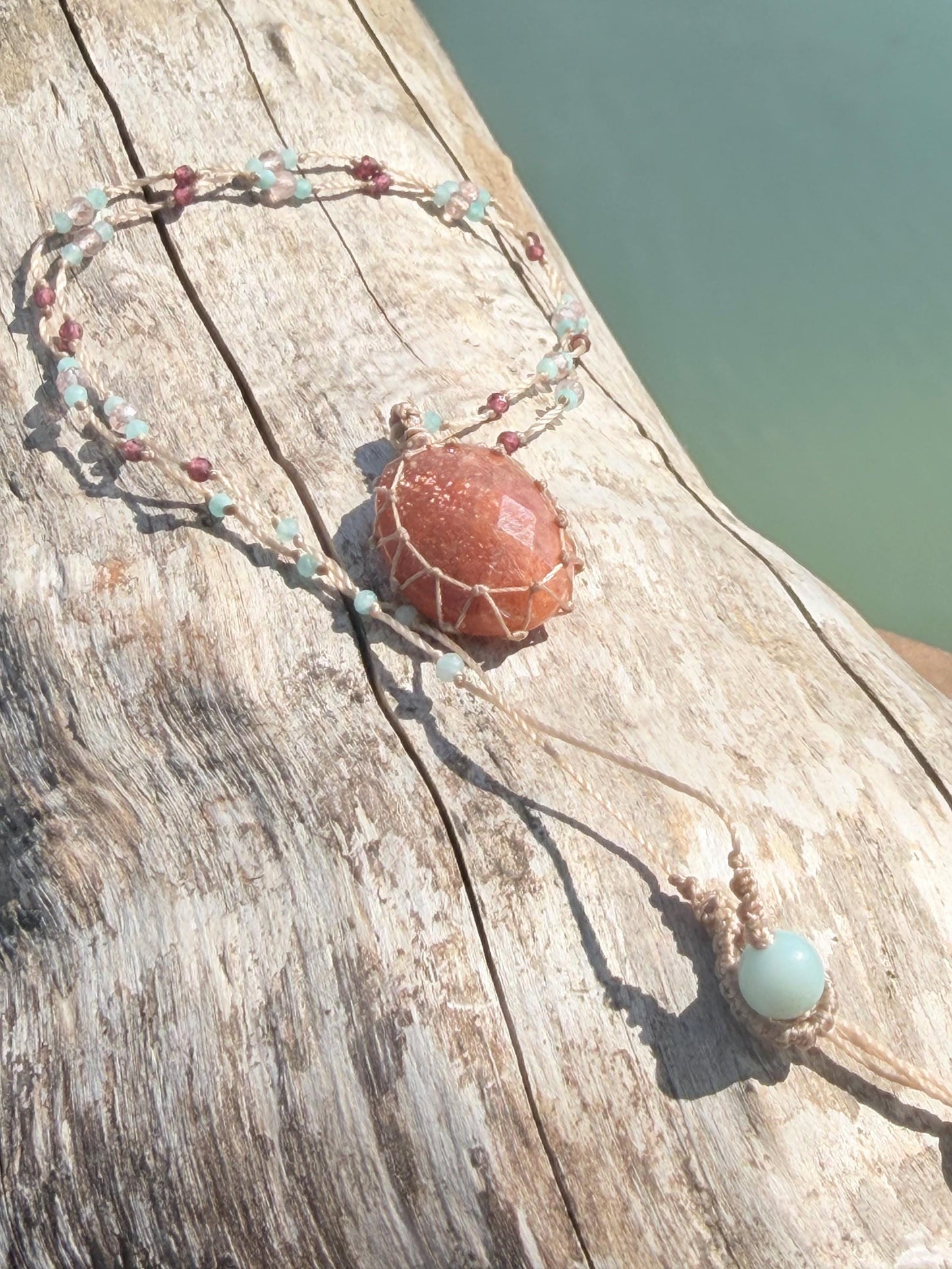 Sparkly handmade sunstone macrame necklace. Boho necklace, ethical jewellery, handmade necklace, unique gemstone necklace. Orange sunstone