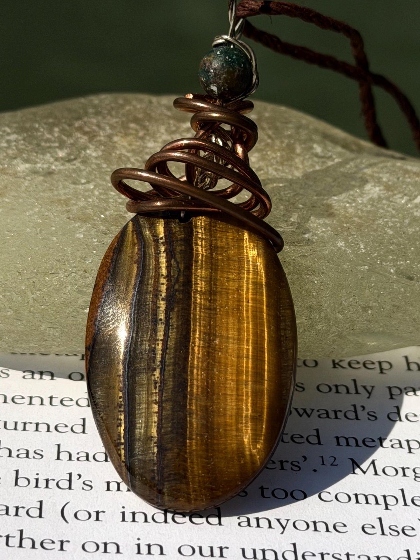 Ethically sourced tigers eye necklace wrapped in recycled copper. Eco friendly jewellery. Ethical jewellery, sustainable, handmade necklace.
