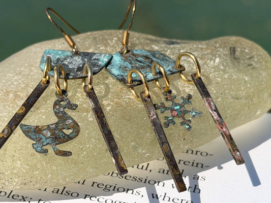 Goose and snowflake earrings. Handmade patina earrings. Rustic earrings, unusual earrings, unusual gift for her, blue earrings. Duck earring