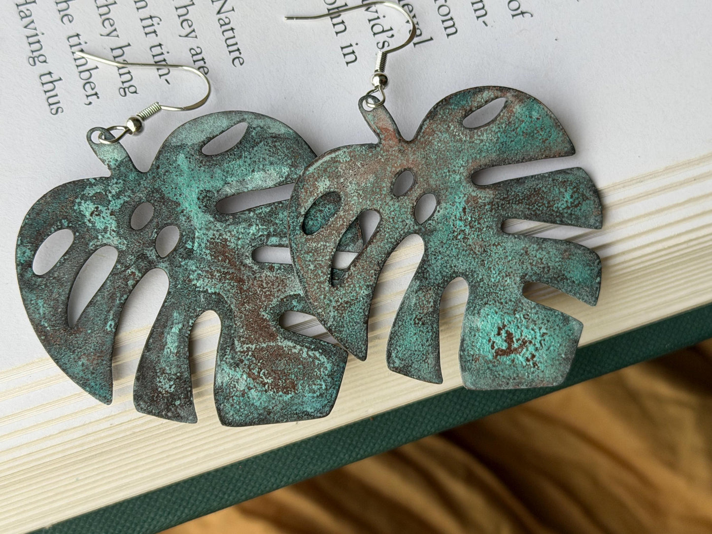 Handmade leaf earrings. Rustic earrings, unusual earrings, unusual gift for her, blue earrings, boho earrings, large statement earrings.