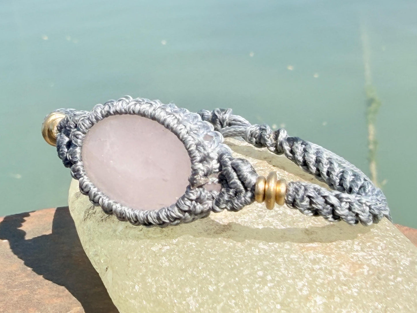Stunning Rose quartz bracelet, ethical jewellery, unusual jewellery, rose quartz jewellery. Pink and grey macrame bracelet. Boho jewellery.