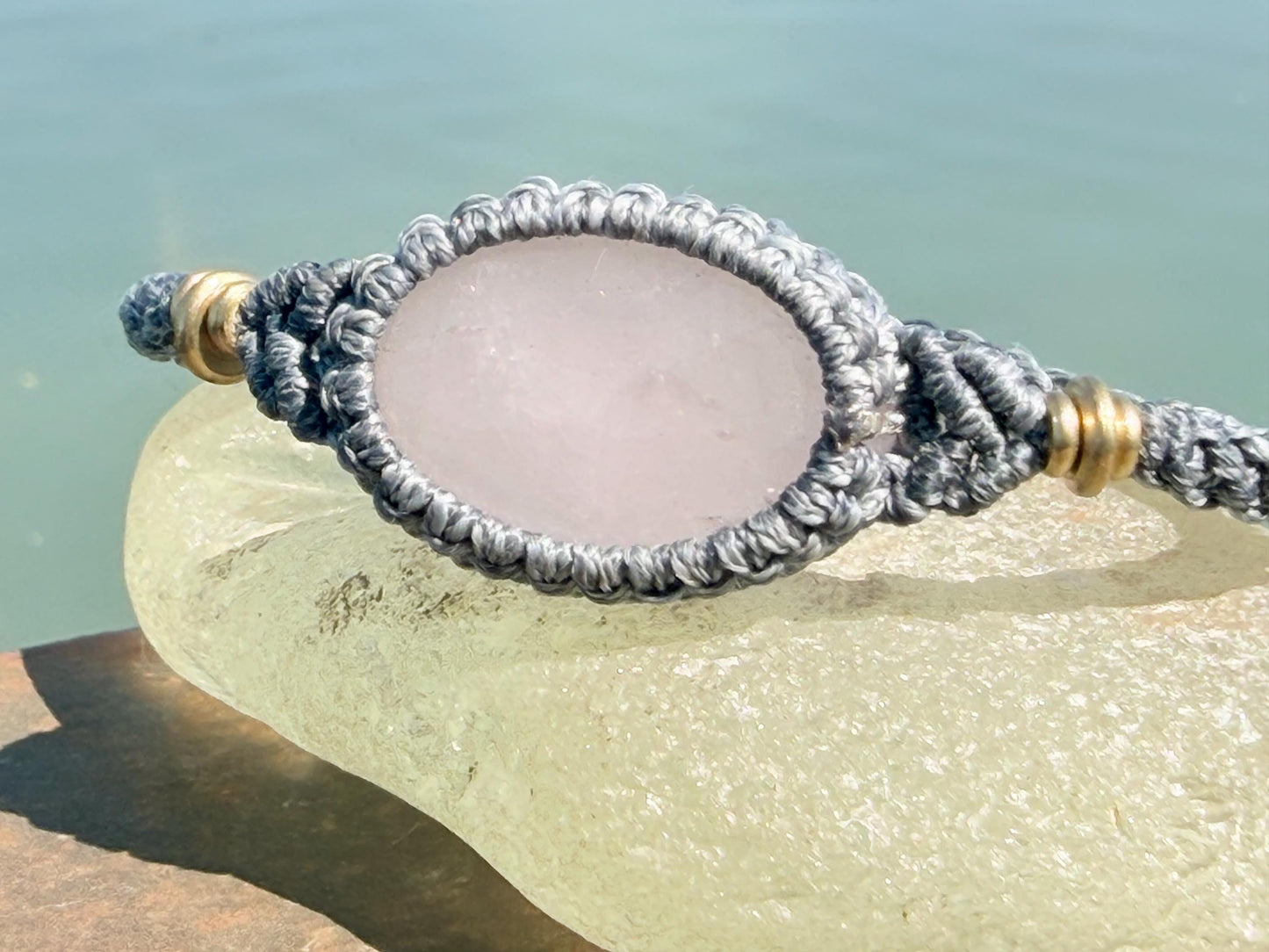 Stunning Rose quartz bracelet, ethical jewellery, unusual jewellery, rose quartz jewellery. Pink and grey macrame bracelet. Boho jewellery.