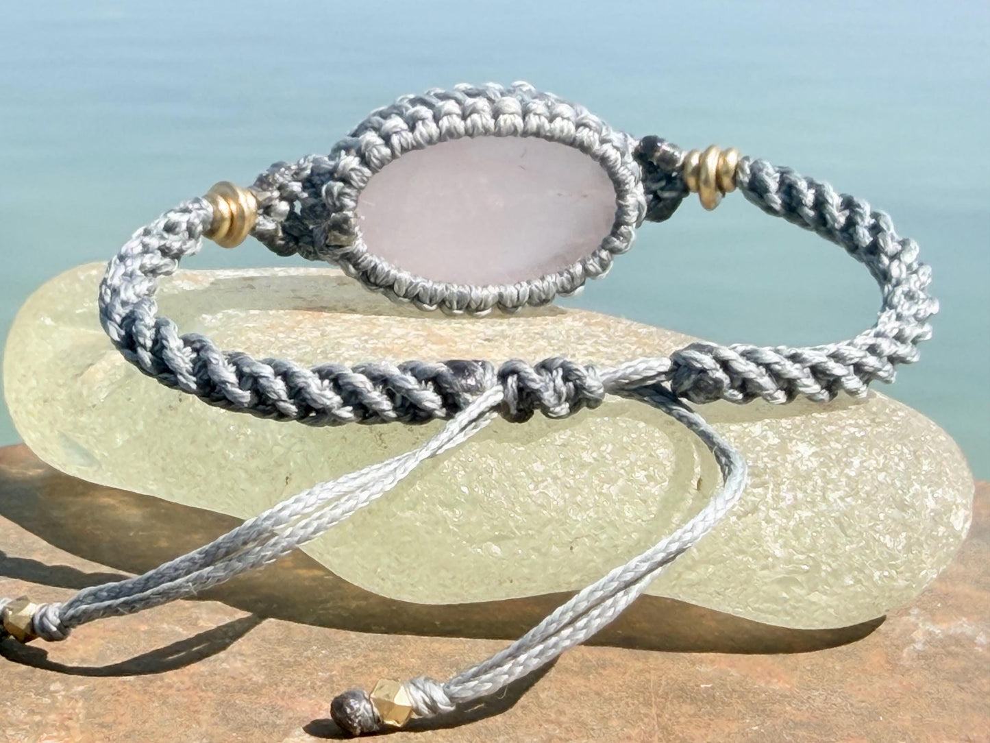 Stunning Rose quartz bracelet, ethical jewellery, unusual jewellery, rose quartz jewellery. Pink and grey macrame bracelet. Boho jewellery.