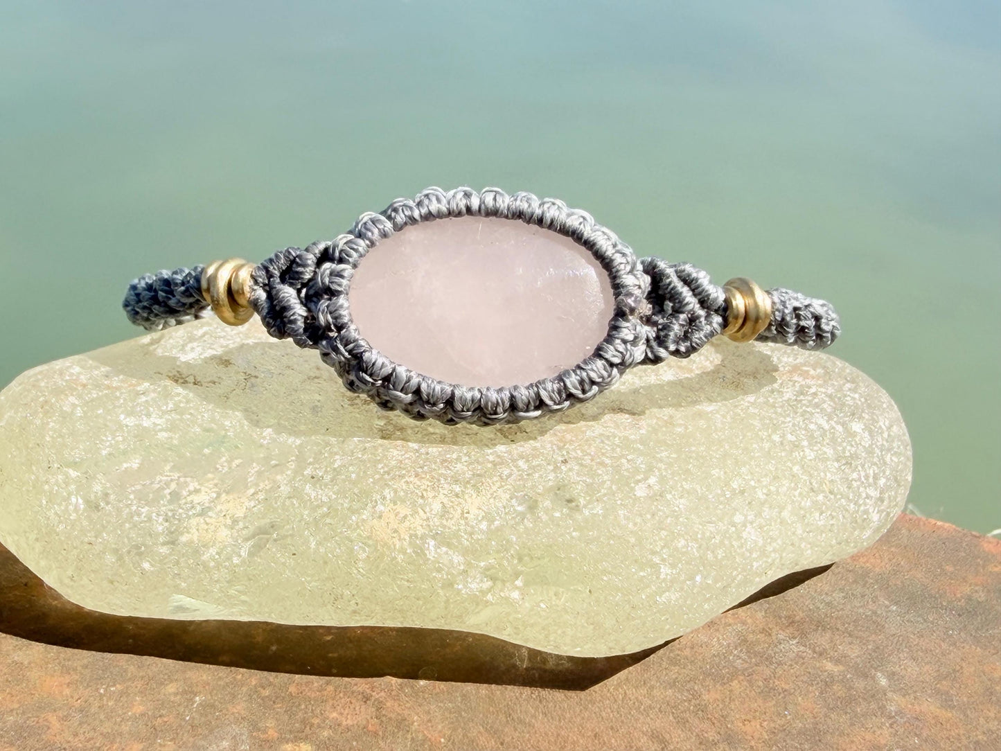 Stunning Rose quartz bracelet, ethical jewellery, unusual jewellery, rose quartz jewellery. Pink and grey macrame bracelet. Boho jewellery.