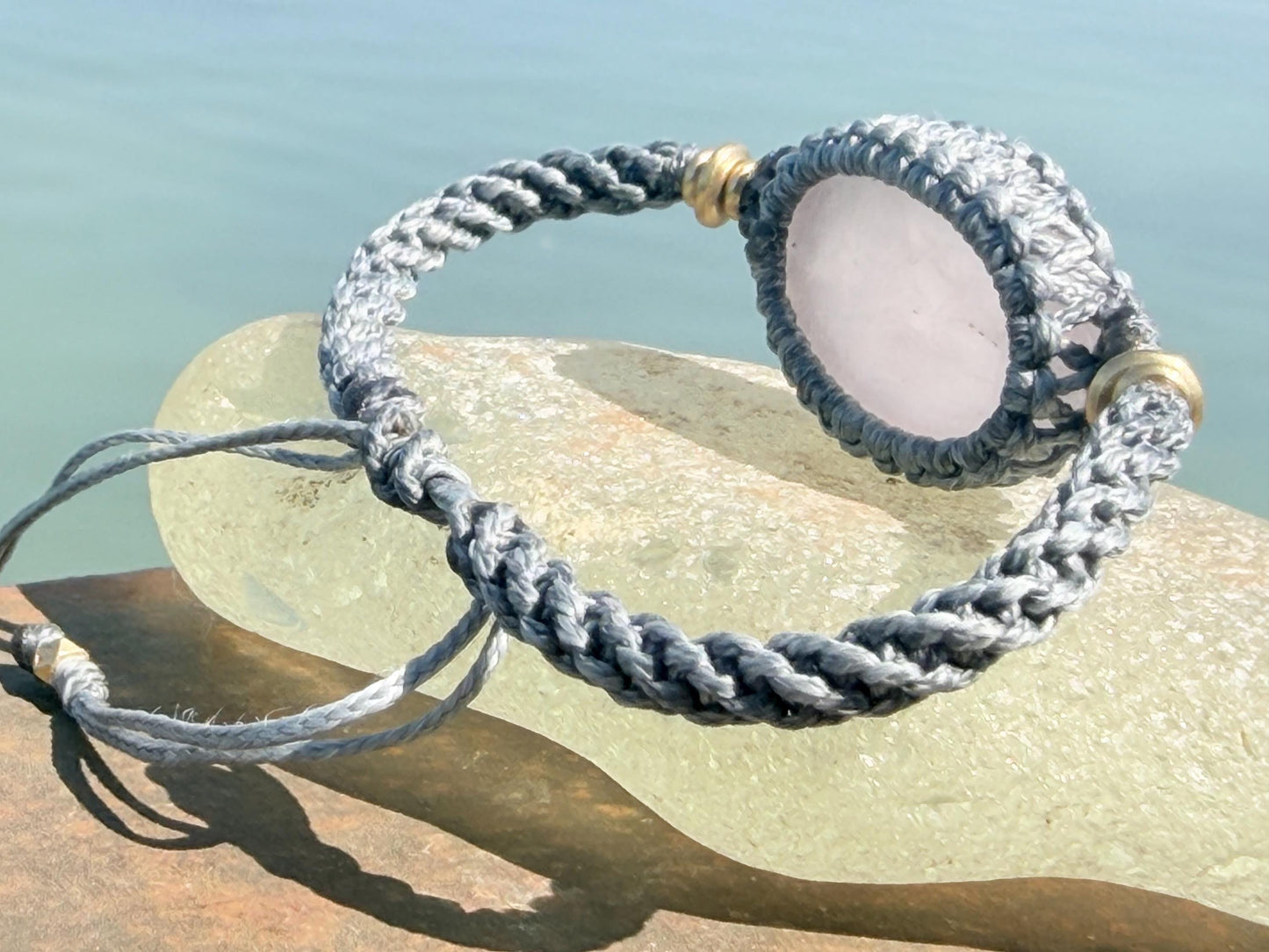 Stunning Rose quartz bracelet, ethical jewellery, unusual jewellery, rose quartz jewellery. Pink and grey macrame bracelet. Boho jewellery.