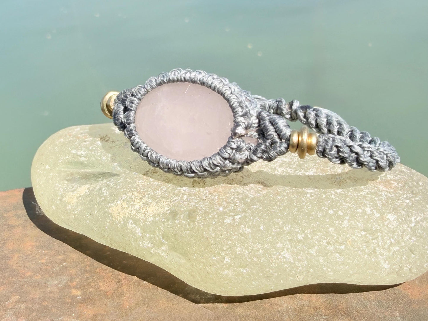 Stunning Rose quartz bracelet, ethical jewellery, unusual jewellery, rose quartz jewellery. Pink and grey macrame bracelet. Boho jewellery.