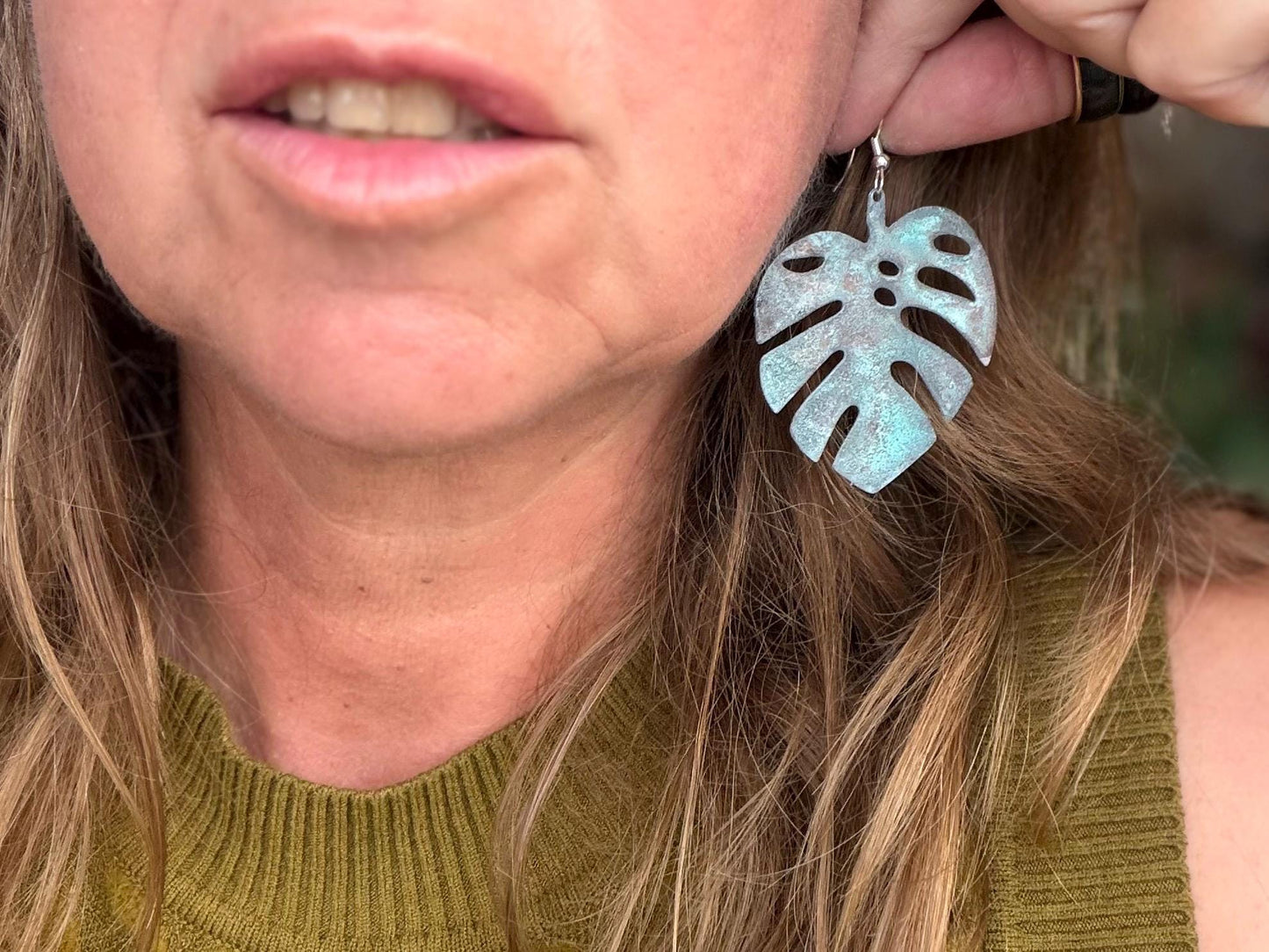 Handmade leaf earrings. Rustic earrings, unusual earrings, unusual gift for her, blue earrings, boho earrings, large statement earrings.