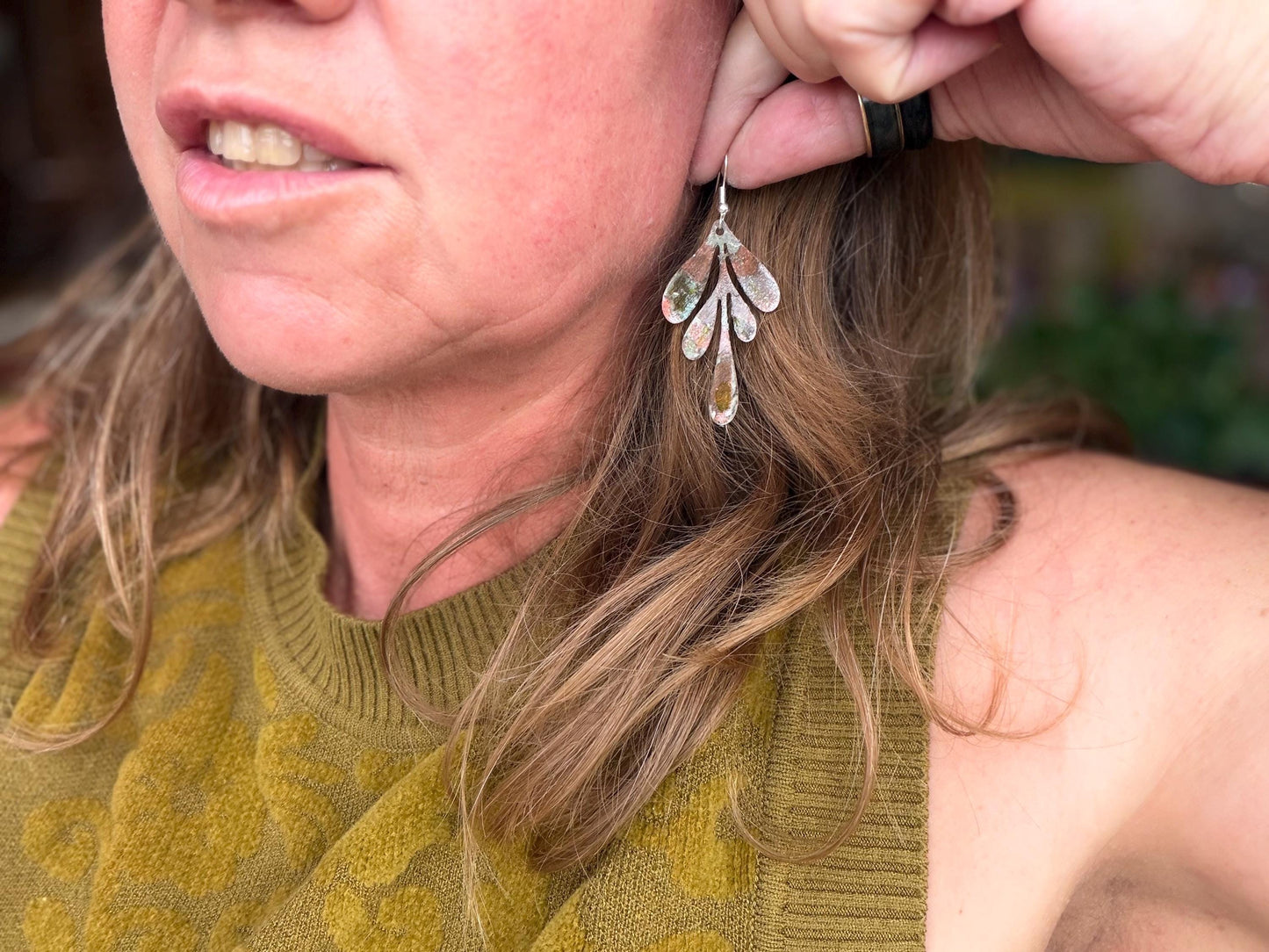 Handmade leaf earrings. Rustic earrings, unusual earrings, unusual gift for her, blue earrings, boho earrings, leaf jewellery, hippy gift