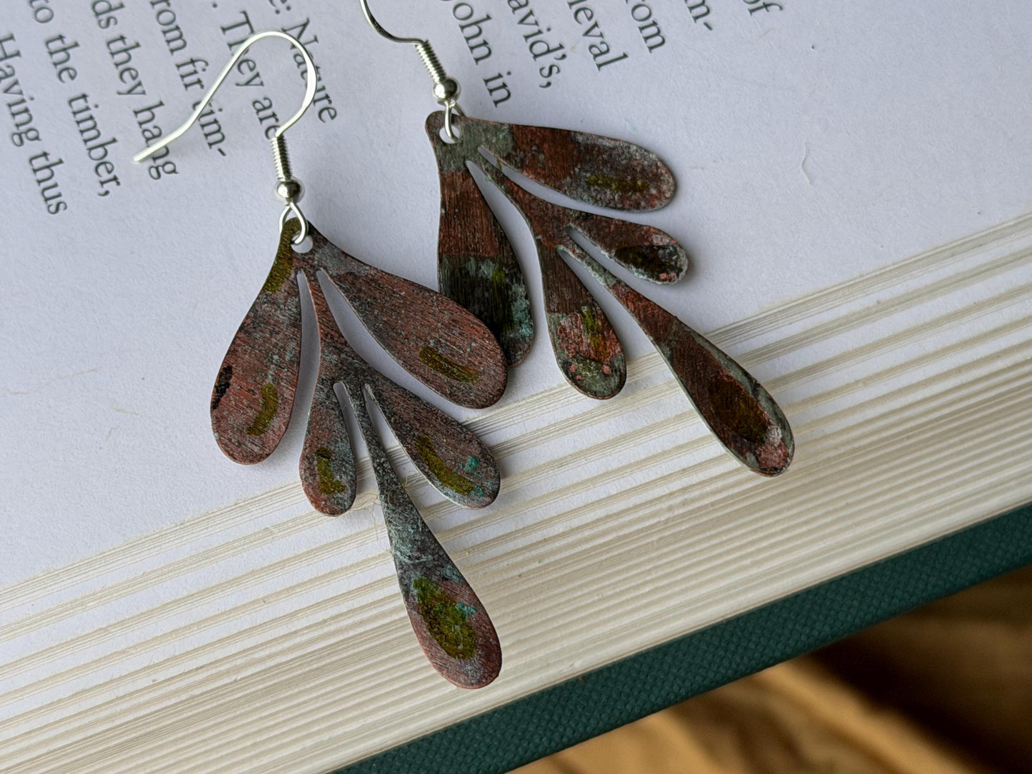 Handmade leaf earrings. Rustic earrings, unusual earrings, unusual gift for her, blue earrings, boho earrings, leaf jewellery, hippy gift