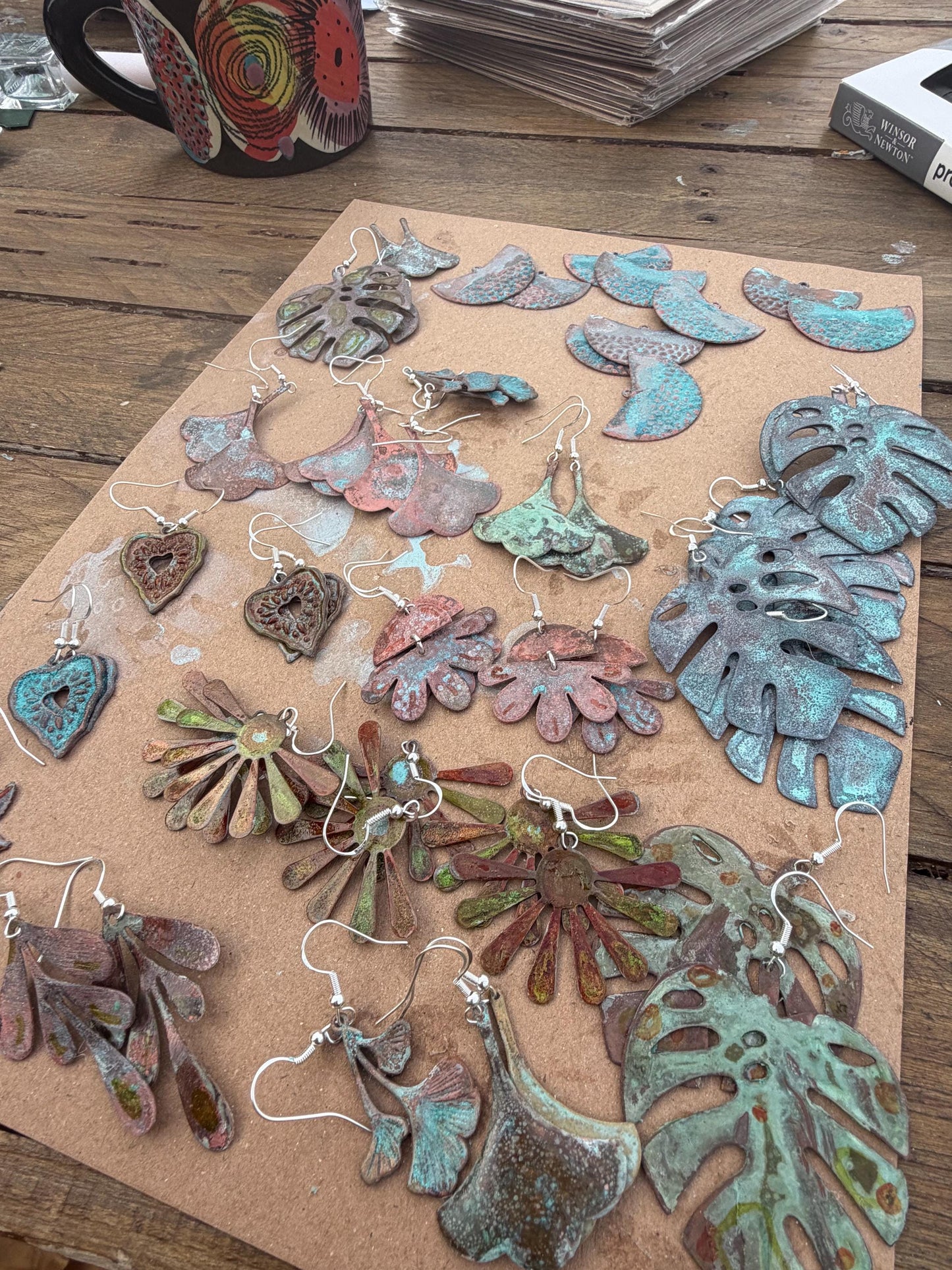 Handmade leaf earrings. Rustic earrings, unusual earrings, unusual gift for her, blue earrings, boho earrings, leaf jewellery, hippy gift