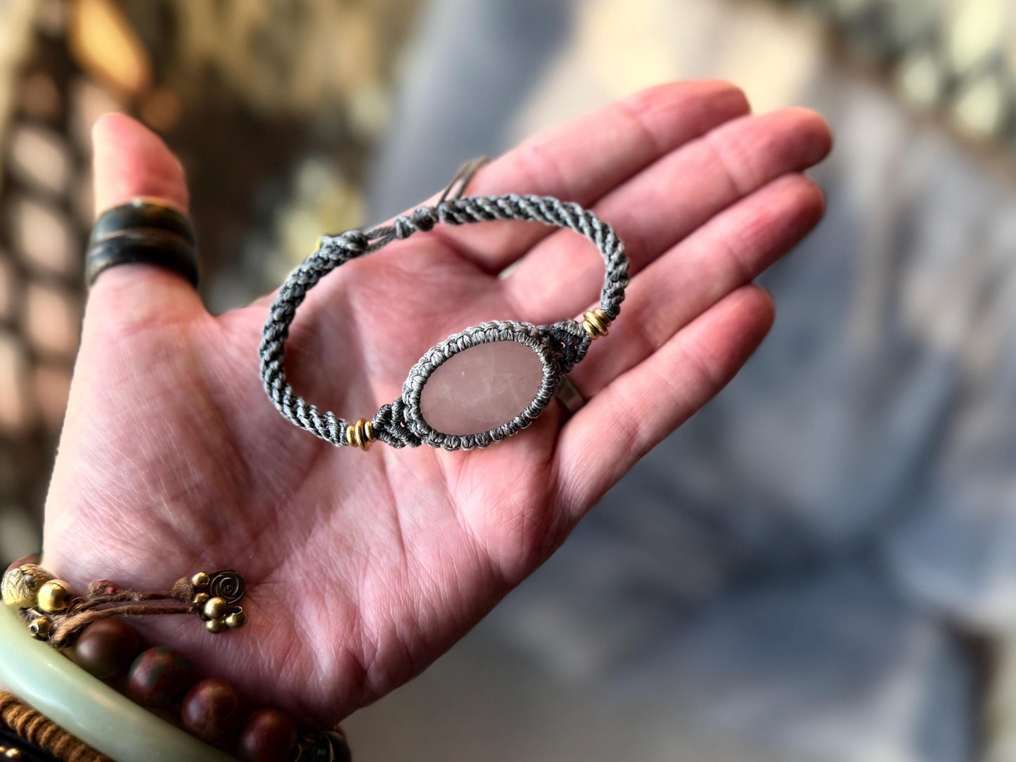 Stunning Rose quartz bracelet, ethical jewellery, unusual jewellery, rose quartz jewellery. Pink and grey macrame bracelet. Boho jewellery.