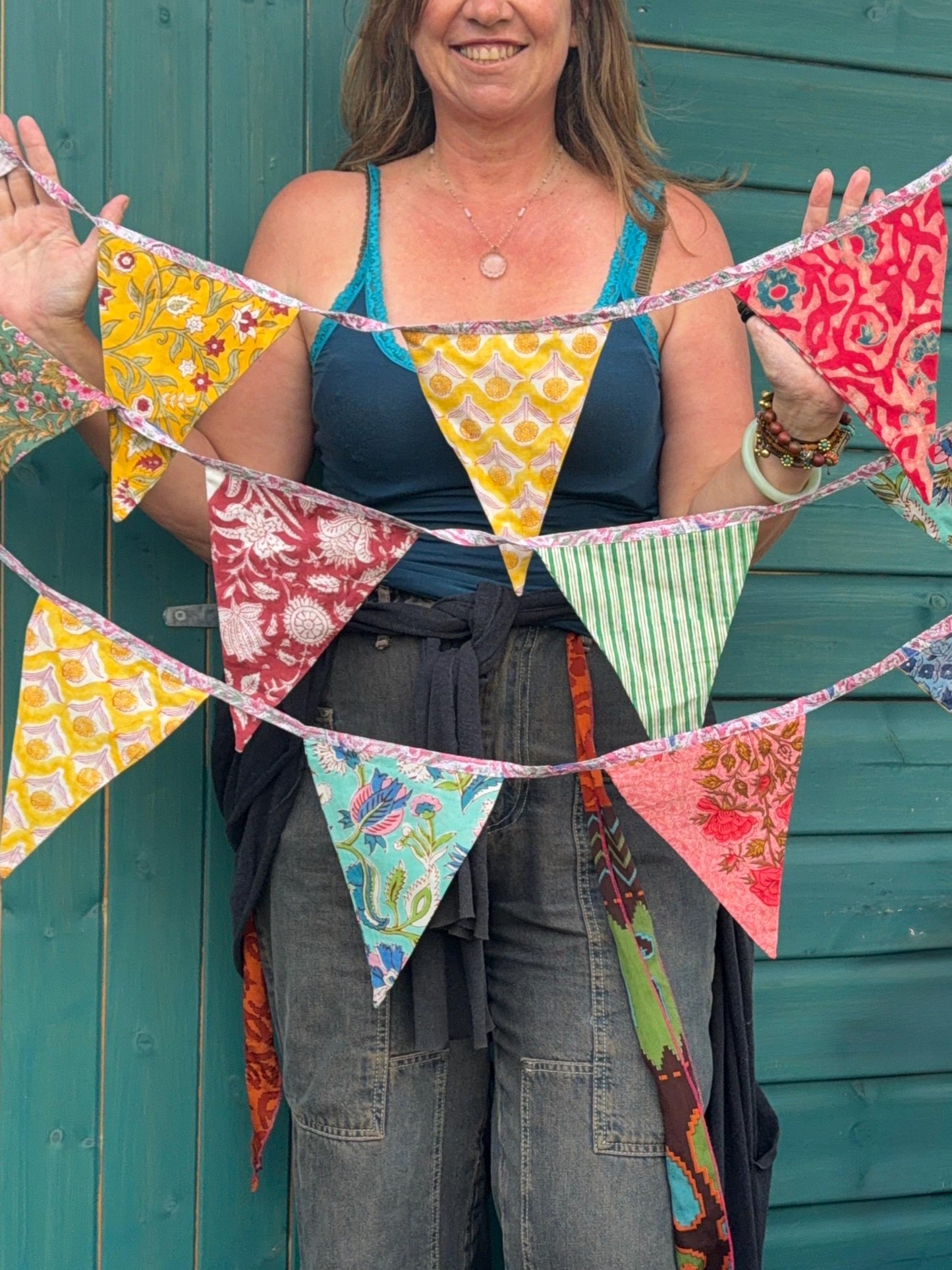 Colourful organic cotton bunting with long ties. Boho bunting for home, garden and parties. Party flags. Wedding bunting. Garden parties.