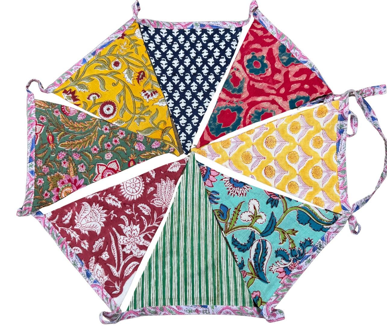 Colourful organic cotton bunting with long ties. Boho bunting for home, garden and parties. Party flags. Wedding bunting. Garden parties.