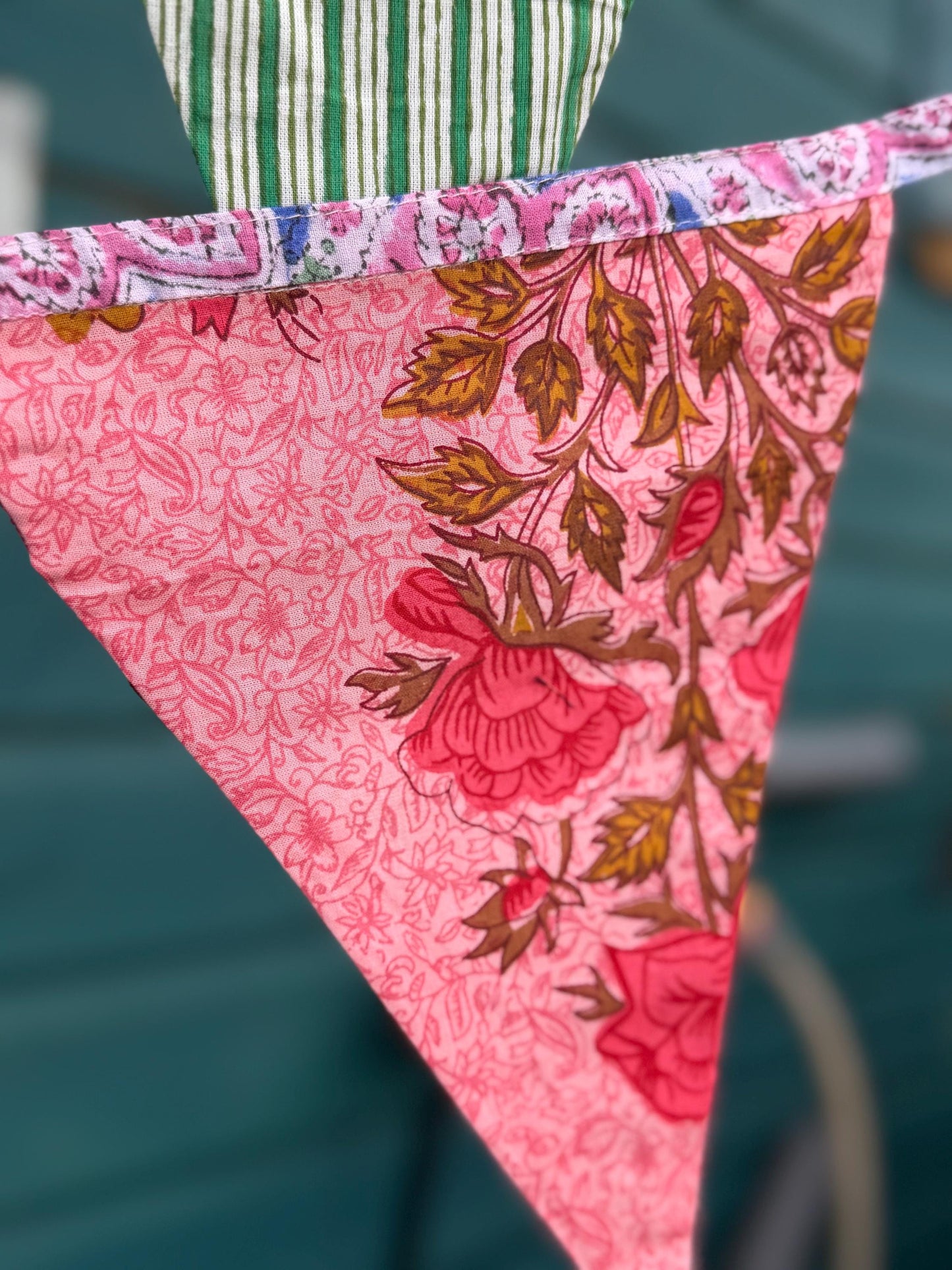 Colourful organic cotton bunting with long ties. Boho bunting for home, garden and parties. Party flags. Wedding bunting. Garden parties.