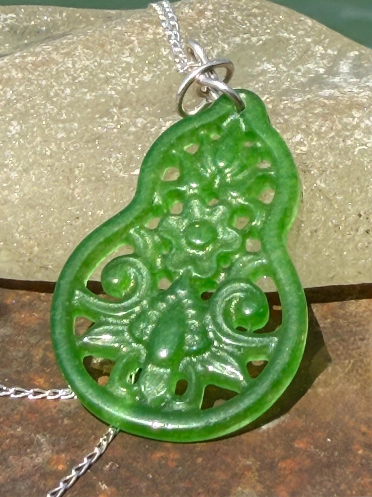 Carved jade necklace. Jade pendant. Unusual green gemstone necklace. Boho jewellery. Handmade jade jewellery.