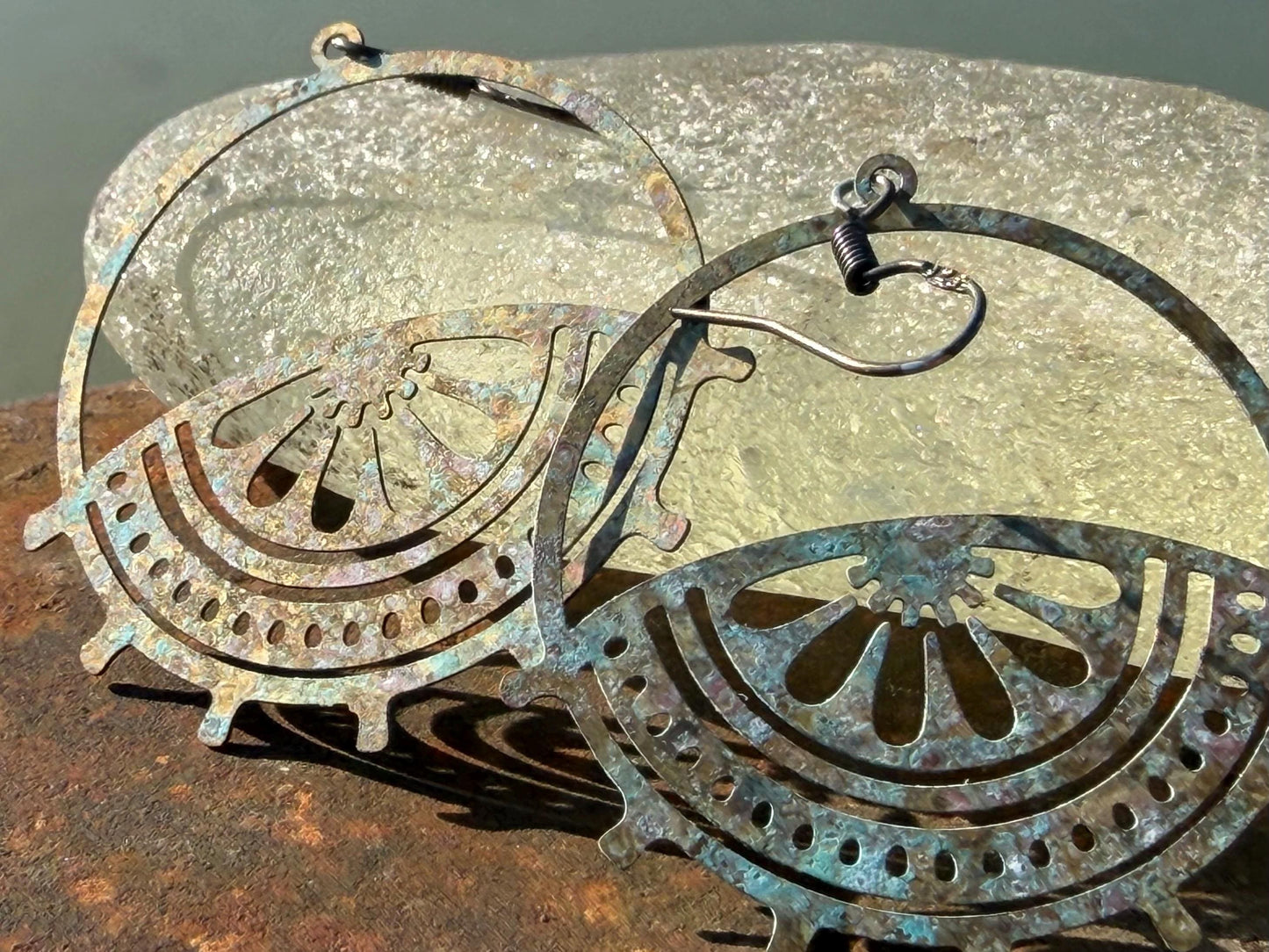 Handmade patina earrings. Rustic earrings, unusual earrings, unusual gift for her, blue earrings, boho earrings, patina jewellery. Hoops.