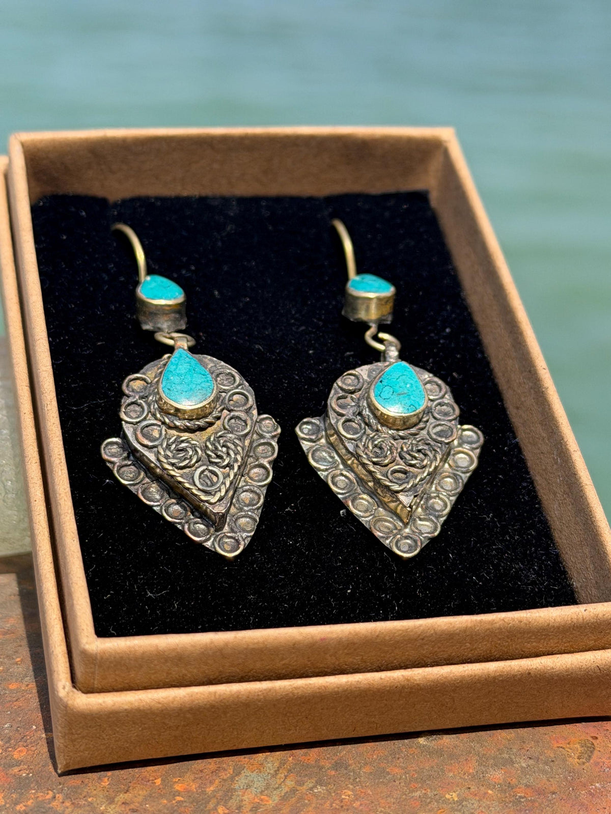 Vintage turquoise earrings, turquoise jewellery, ethical jewellery, gypsy earrings. Eco friendly jewellery. Ethical jewellery.