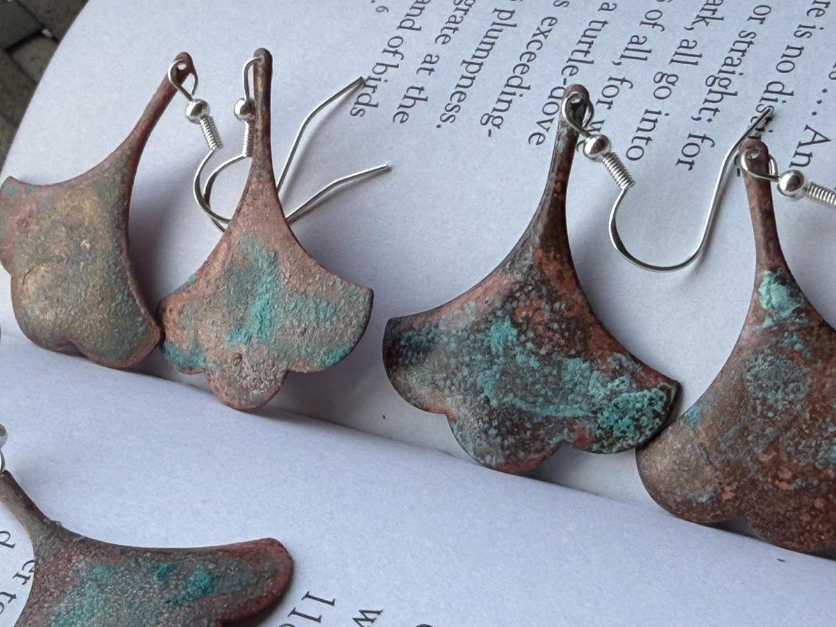Handmade leaf earrings. Rustic earrings, unusual earrings, unusual gift for her, blue earrings, boho earrings, leaf jewellery, hippy gift