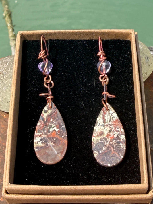Picasso jasper gemstone earrings. Ethical jewellery, orange gemstone earrings. Stunning unique jewellery. Eco friendly unique earrings.