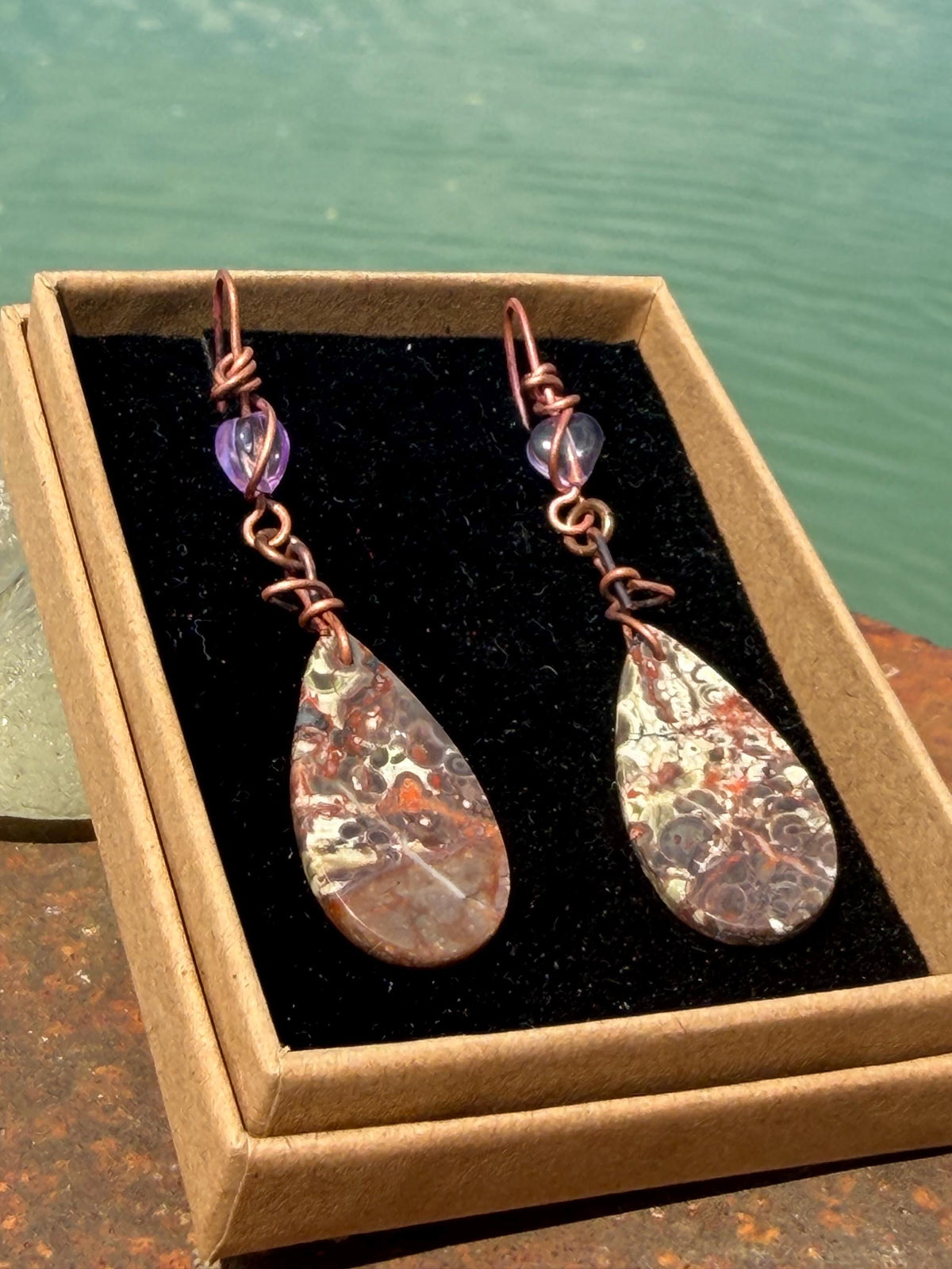 Picasso jasper gemstone earrings. Ethical jewellery, orange gemstone earrings. Stunning unique jewellery. Eco friendly unique earrings.