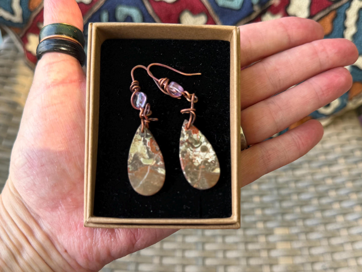 Picasso jasper gemstone earrings. Ethical jewellery, orange gemstone earrings. Stunning unique jewellery. Eco friendly unique earrings.