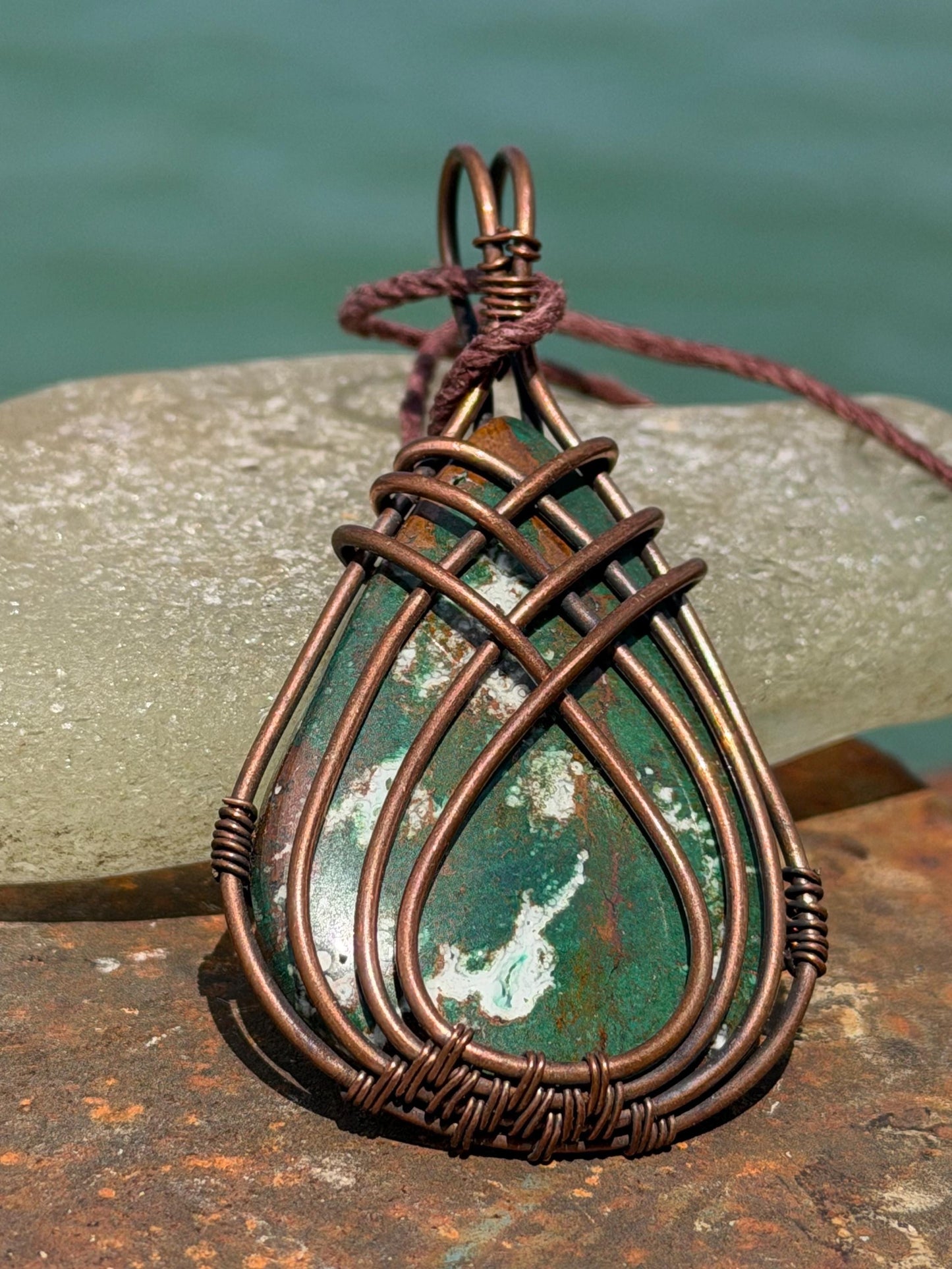 Eco friendly handmade necklace made from ethical Jasper & naturally weathered recycled copper. Ethical jewellery. Unique handmade jewellery.