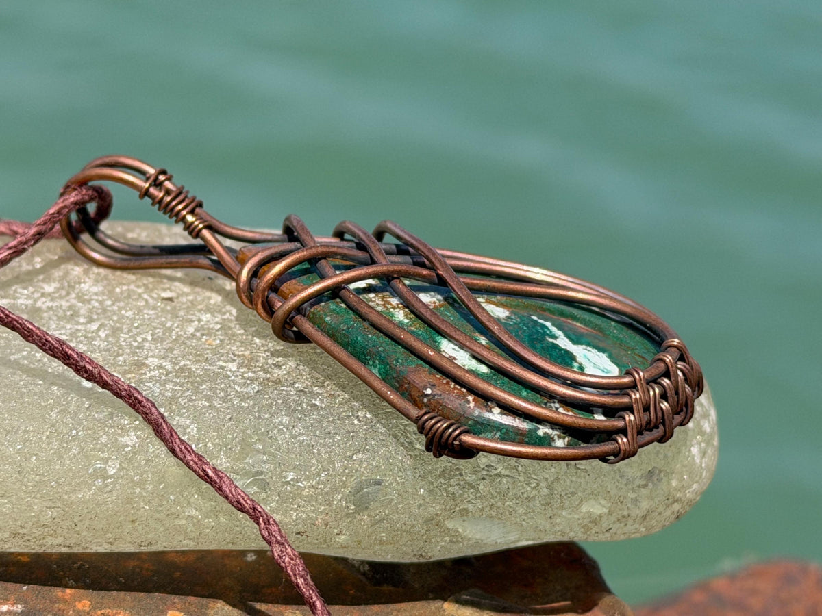 Eco friendly handmade necklace made from ethical Jasper & naturally weathered recycled copper. Ethical jewellery. Unique handmade jewellery.