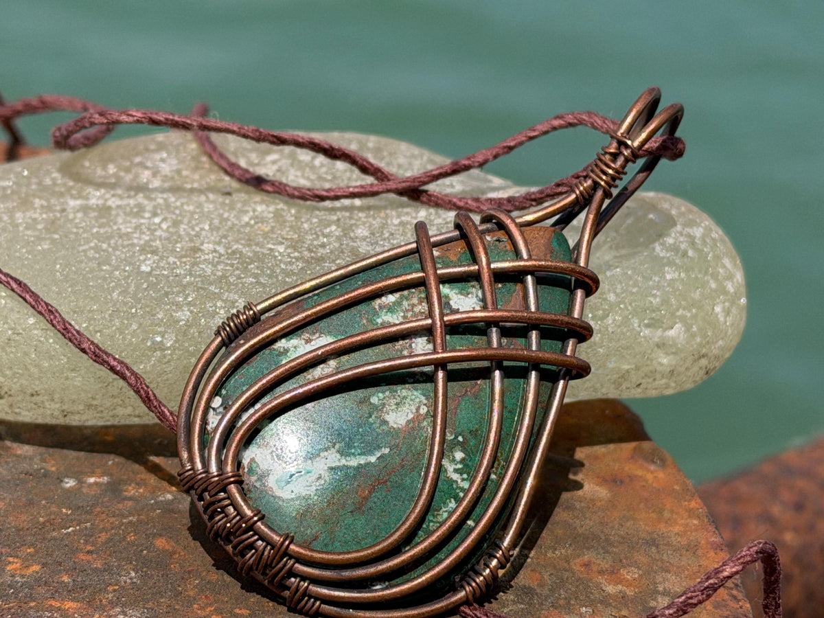 Eco friendly handmade necklace made from ethical Jasper & naturally weathered recycled copper. Ethical jewellery. Unique handmade jewellery.