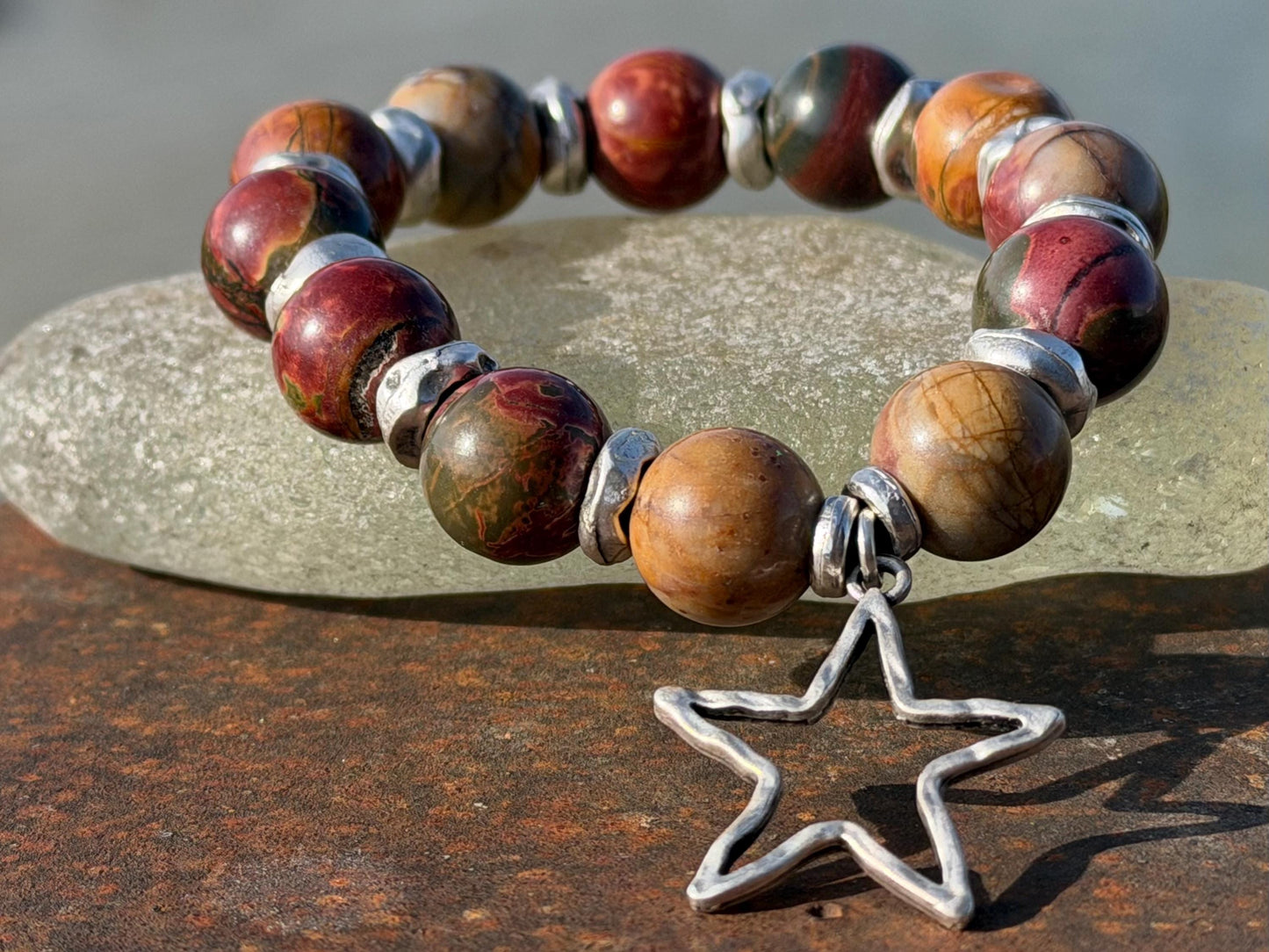 Picasso jasper gemstone bracelet. Rusty reds, oranges and greens. Ethical jewellery, handmade unique jewellery. Earrhy orange bracelet.