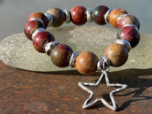 Picasso jasper gemstone bracelet. Rusty reds, oranges and greens. Ethical jewellery, handmade unique jewellery. Earrhy orange bracelet.