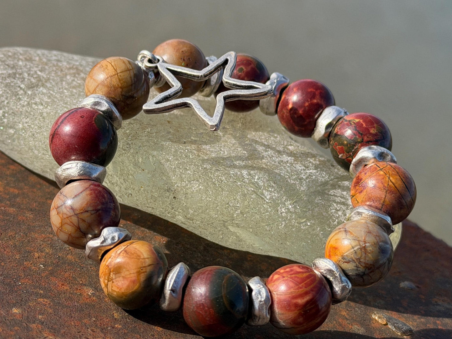 Picasso jasper gemstone bracelet. Rusty reds, oranges and greens. Ethical jewellery, handmade unique jewellery. Earrhy orange bracelet.