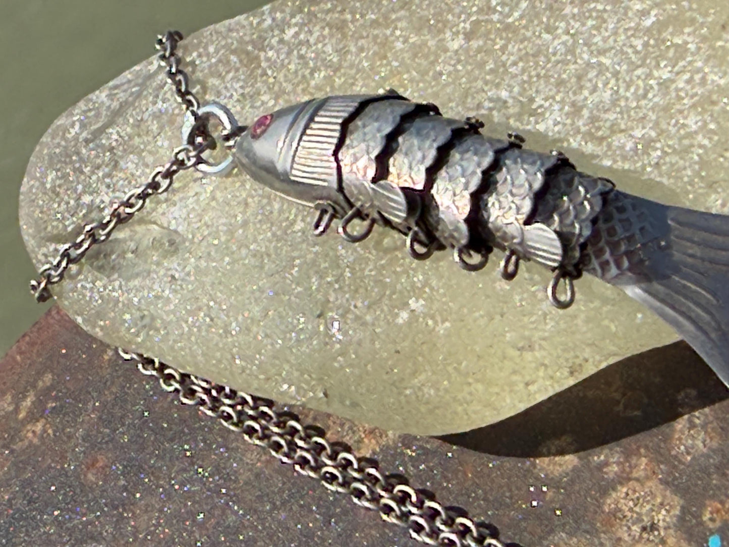 Articulated fish necklace. Vintage necklace, boho necklace, ethical jewellery, eco friendly necklace, gift for her, fish pendant for him
