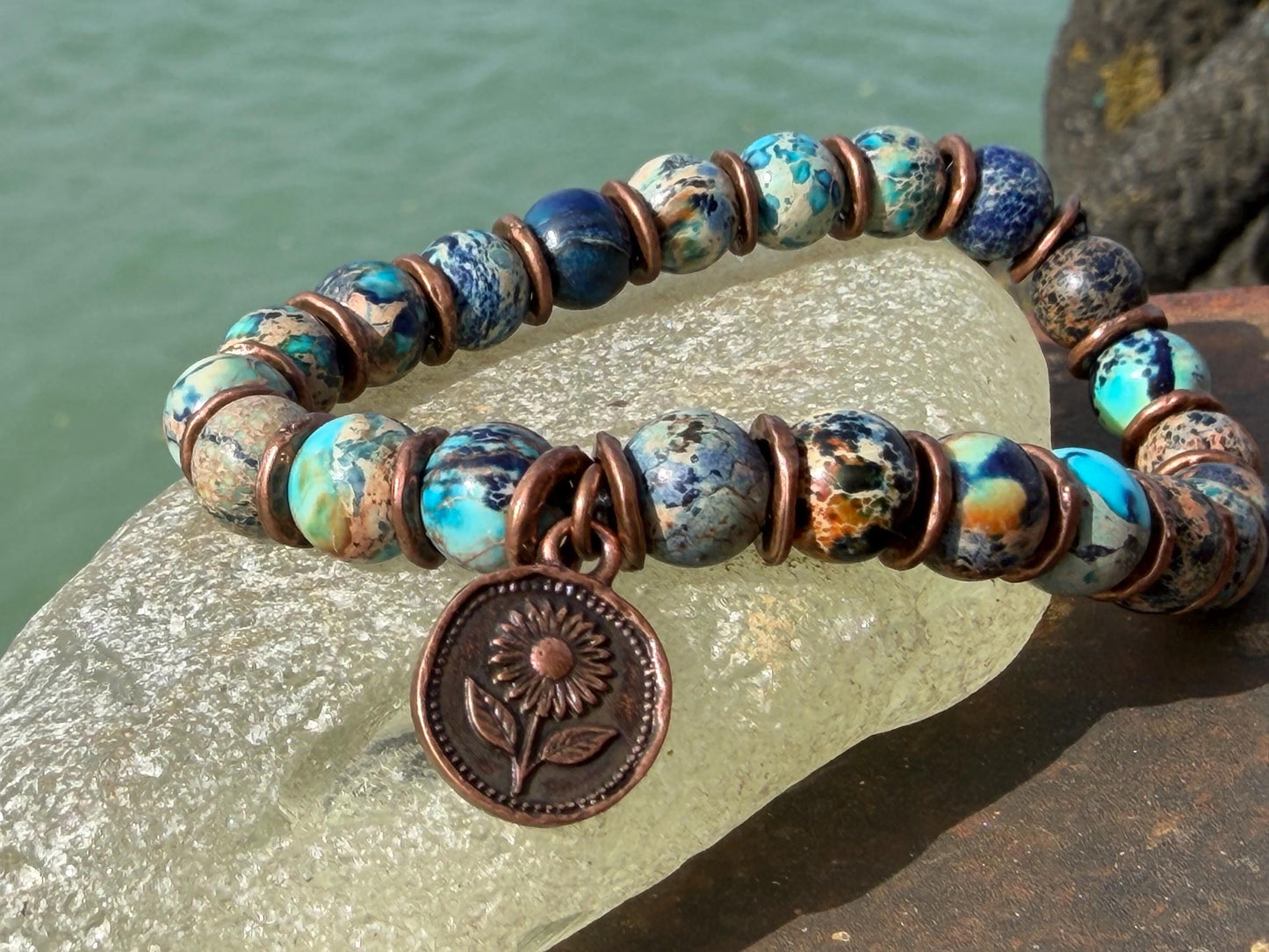 Ocean jasper gemstone bracelet, handmade gift for him or her. Ethical jewellery, handmade unique jewellery. Unusual gifts for women