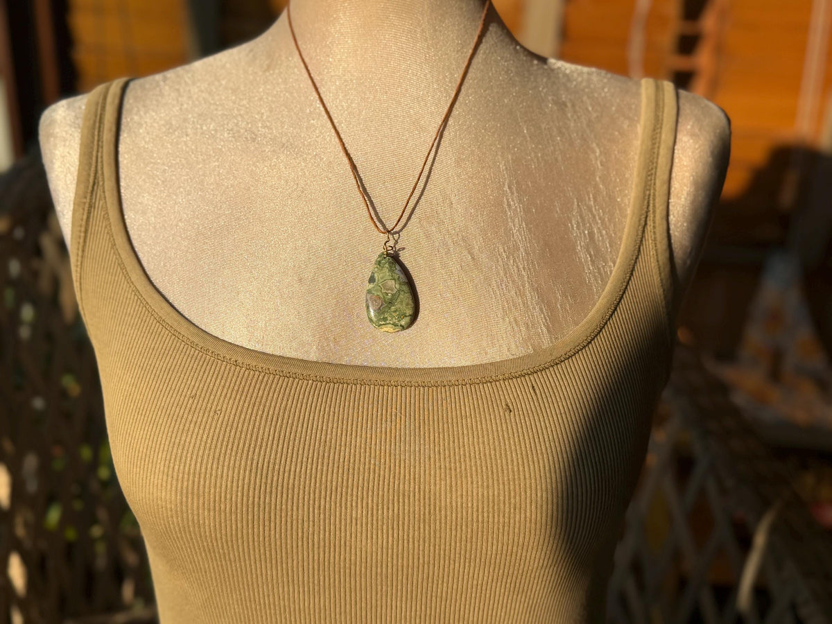 Stunning rhyolite necklace, ethical jewellery, bohemian necklace, unusual jewellery, unique gemstone pendant, green gemstone necklace