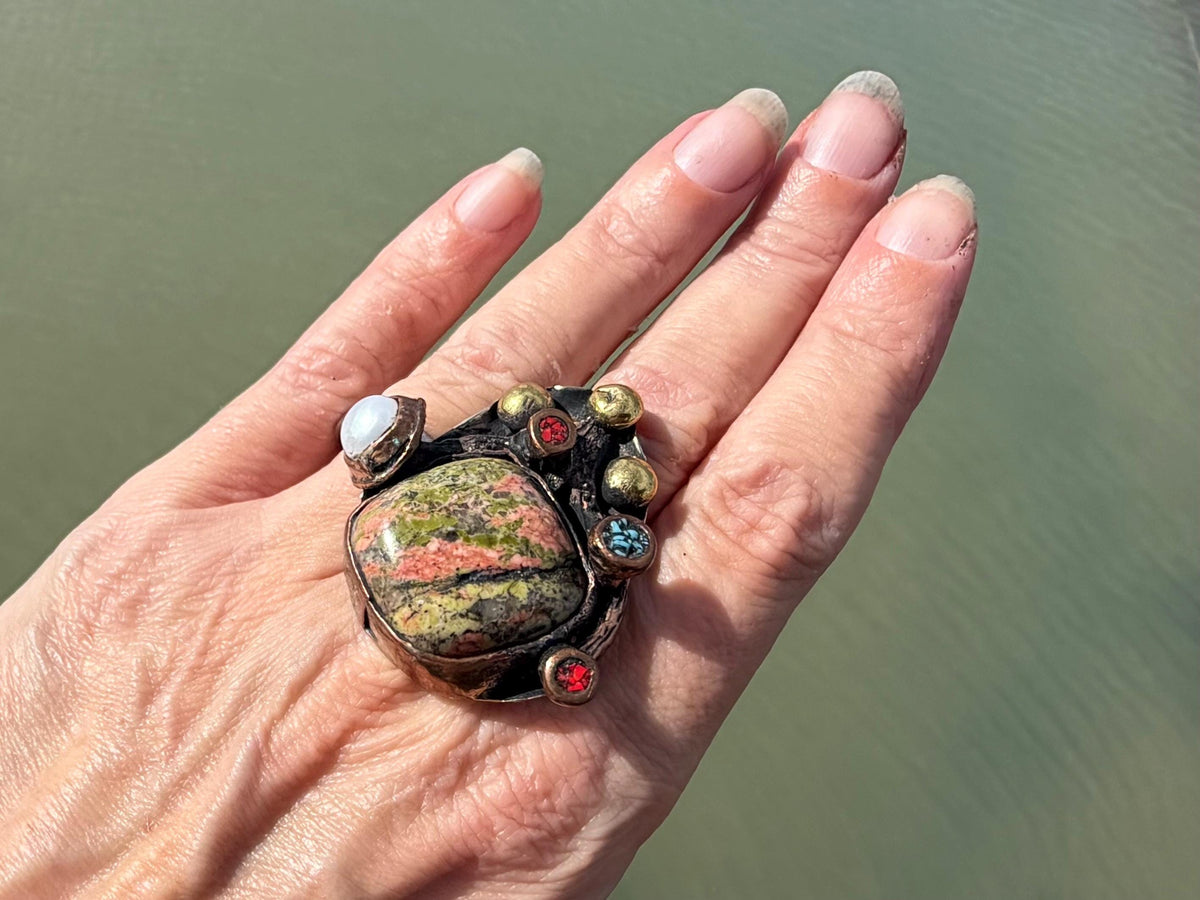 Unusual jasper ring. Very large gemstone ring on a brass base. Statement jewellery. Green ring. Unique jewellery. Handcrafted.