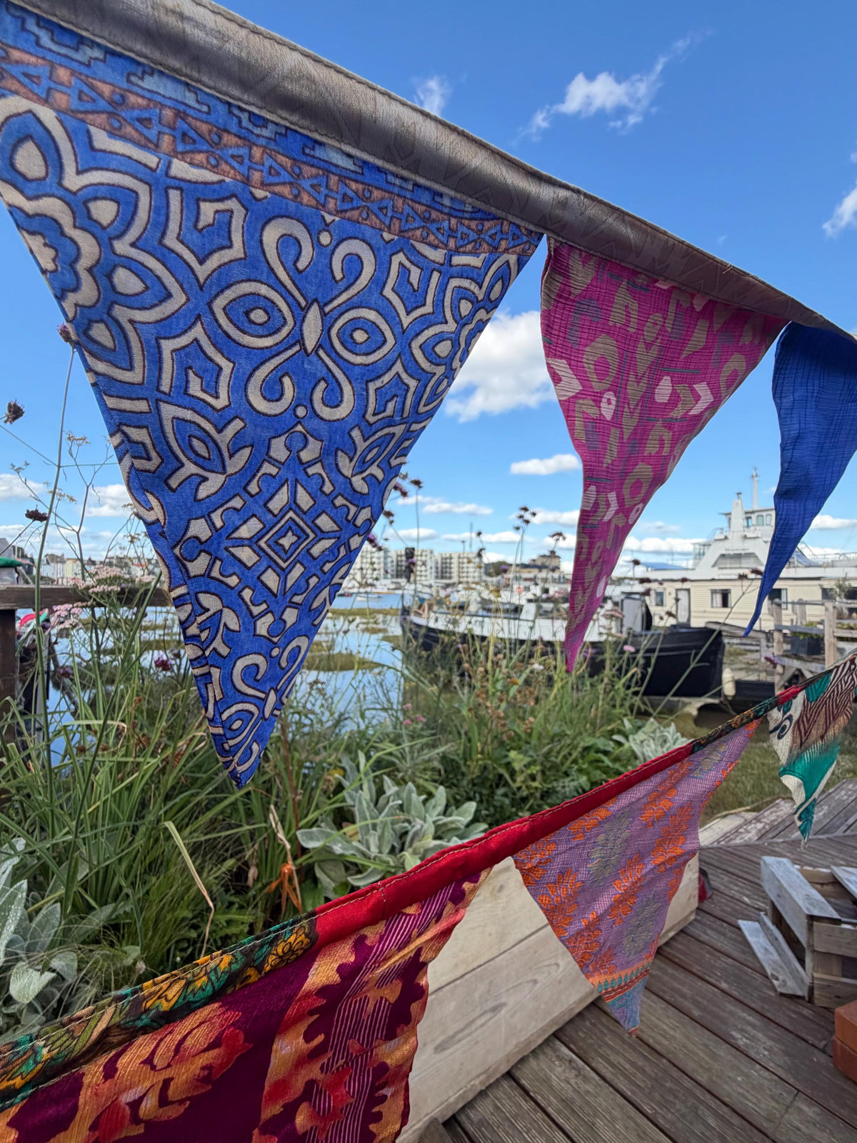 LONG MULTI-COLOURED bunting. Party decs, wedding bunting, recycled sari bunting.  Double length silk sari bunting. Eco friendly and handmade
