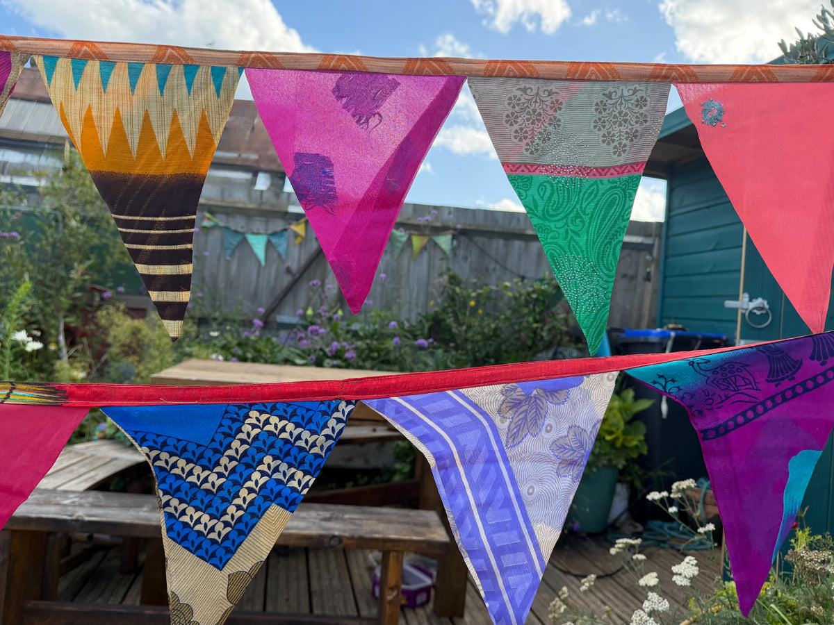 LONG MULTI-COLOURED bunting. Party decs, wedding bunting, recycled sari bunting.  Double length silk sari bunting. Eco friendly and handmade
